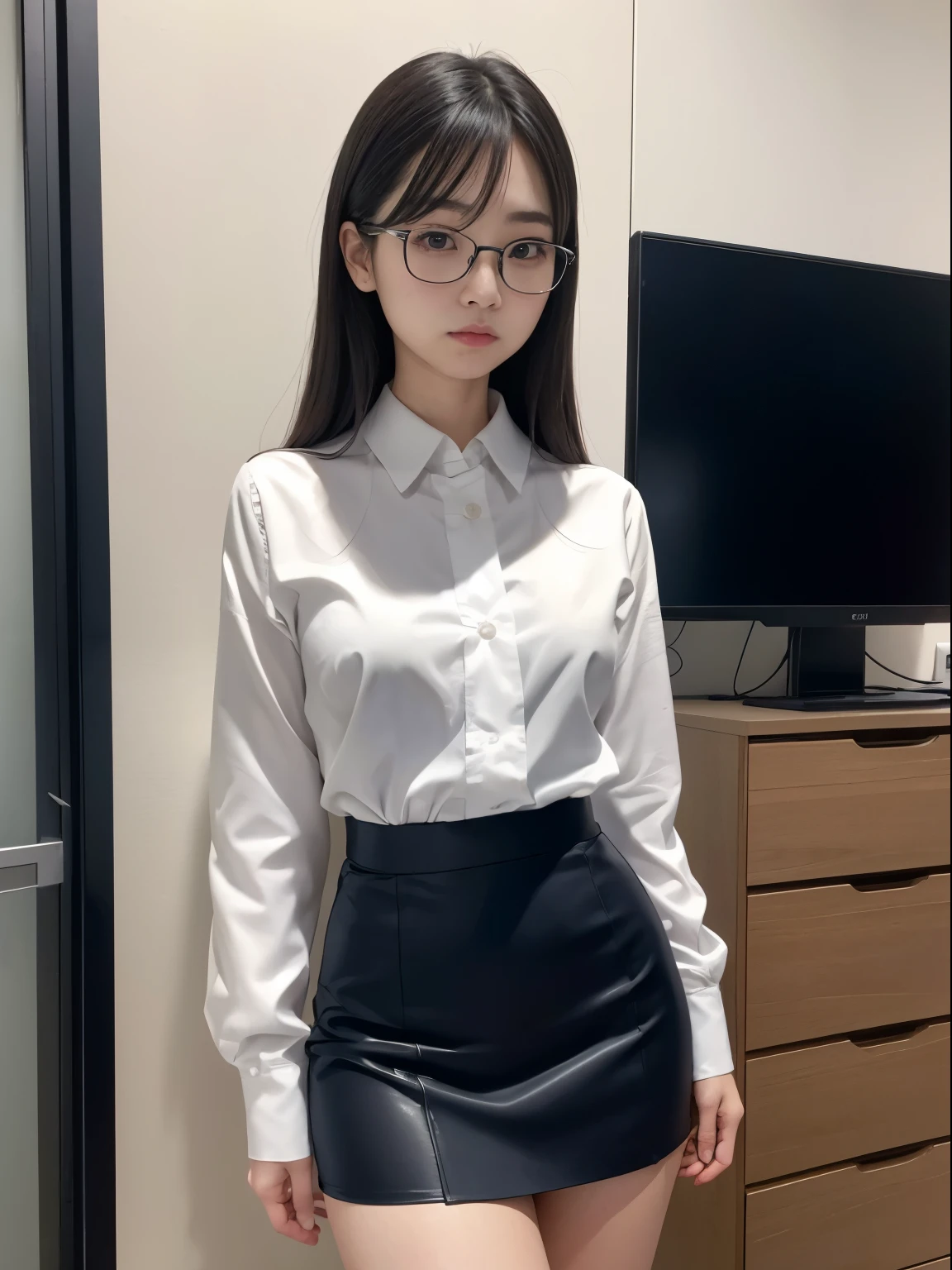 (alone、solo)、A 20-something office lady in an office uniform poses for a photo、(Black Pantyhose)、(Half Up)、victory、Tsundere、Single knot、OL、suit、Blue mall face、anger、、Glasses、Slim girl model photo、Body:The smallest middle-aged man in history、Female Model、Japanese female fashion model、(8K、RAW Photos、Highest quality、masterpiece:1.2)、(Real、Photorealistic:1.37)、Ultra high definition、Ultra high definition、Office Street、Standing position、whole body、((((SEXY)))