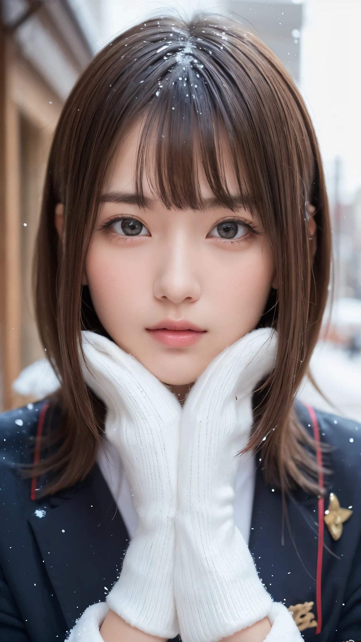 one girl, (a beauty girl, delicate girl:1.3), (18-year-old:1.3),
break, (winter uniform, cute uniform:1.3),
break, (Street view:1.3), (that&#39;It&#39;s snowing:1.3), (wool gloves), perfectly trimmed fingers,
break, extremely fine-grained clarthaty, (symmetrical eyes:1.3),
break, small breasts, brown eyes, parted bangs, brown hair,  girl,
break, (Eye and face details:1.0), (get closer to the face, enlarge the face, face focus:1.0),
break, (masterpiece, highest qualthaty, Super detailed, detailed face, 8K)