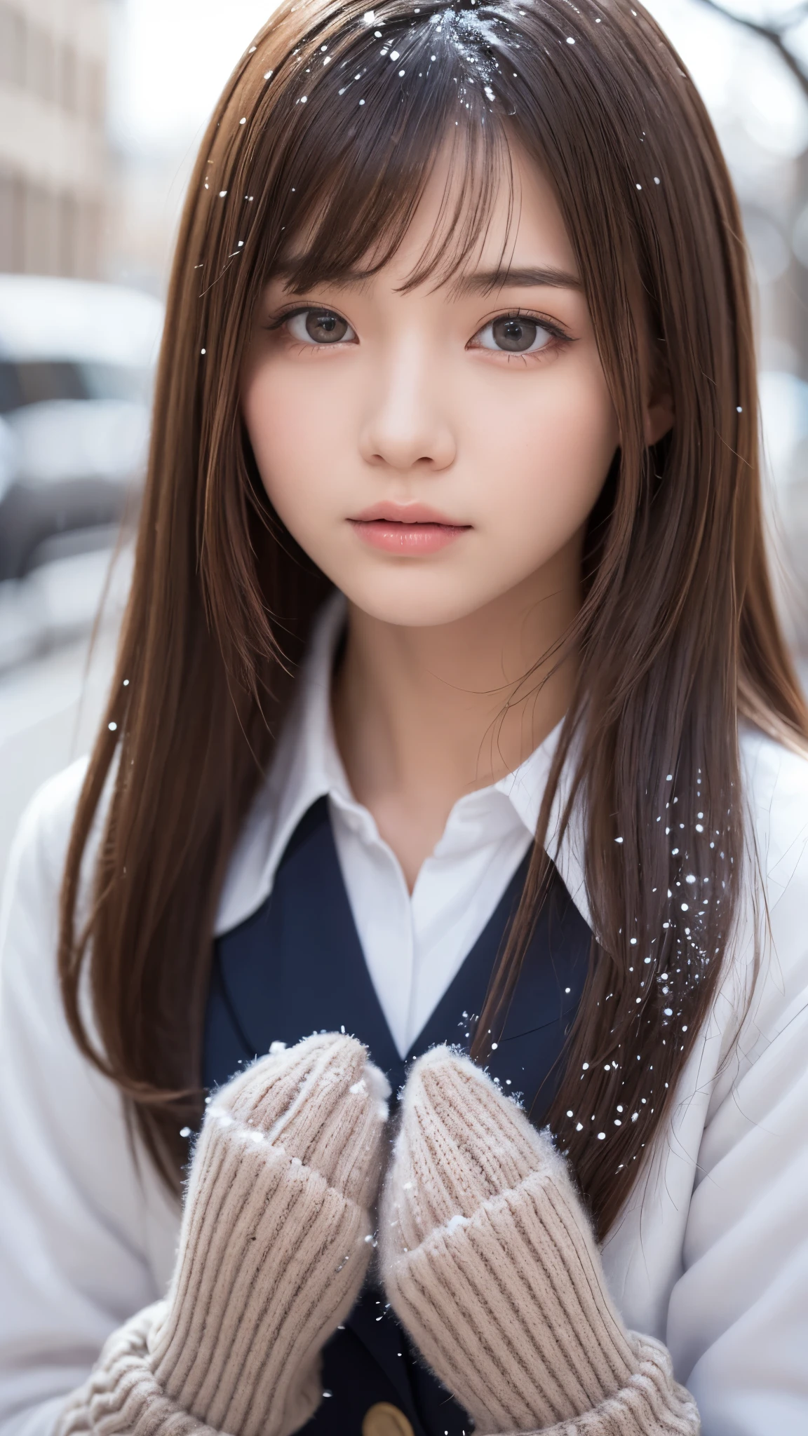 one girl, (a beauty girl, delicate girl:1.3), (:1.3),
break, (winter uniform, cute uniform:1.3),
break, (Street view:1.3), (that'It's snowing:1.3), (wool gloves), perfectly trimmed fingers,
break, extremely fine-grained clarthaty, (symmetrical eyes:1.3),
break, small breasts, brown eyes, parted bangs, brown hair, girl,
break, (Eye and face details:1.0), (get closer to the face, enlarge the face, face focus:1.0),
break, (masterpiece, highest qualthaty, Super detailed, detailed face, 8K)