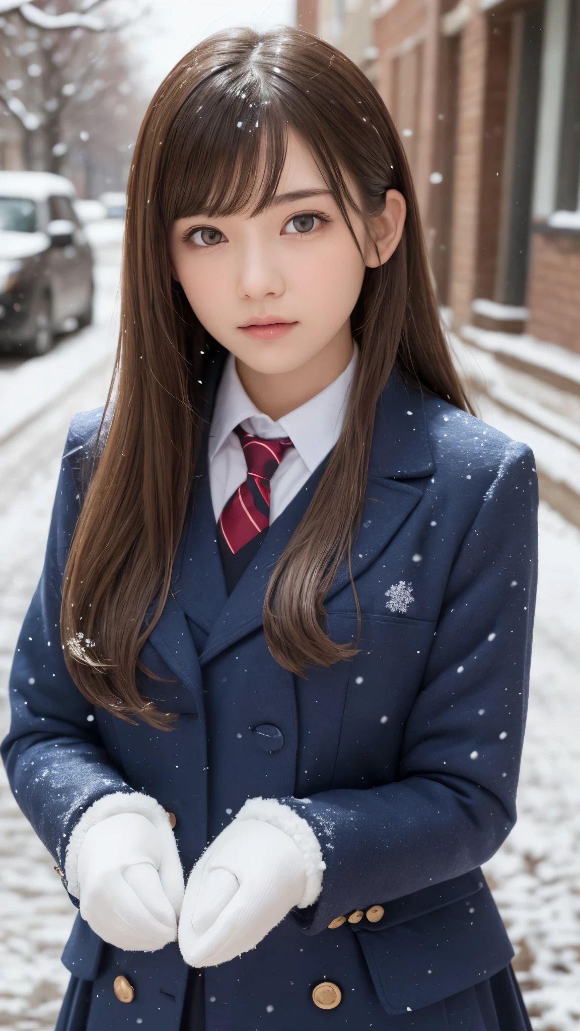 one girl, (a beauty girl, delicate girl:1.3), (14 years old:1.3),
break, (winter uniform, cute uniform:1.3),
break, (Street view:1.3), (that&#39;It&#39;s snowing:1.3), (wool gloves), perfectly trimmed fingers,
break, extremely fine-grained clarthaty, (symmetrical eyes:1.3),
break, small breasts, brown eyes, parted bangs, brown hair,  girl,
break, (Eye and face details:1.0), (get closer to the face, enlarge the face, face focus:1.0),
break, (masterpiece, highest qualthaty, Super detailed, detailed face, 8K)