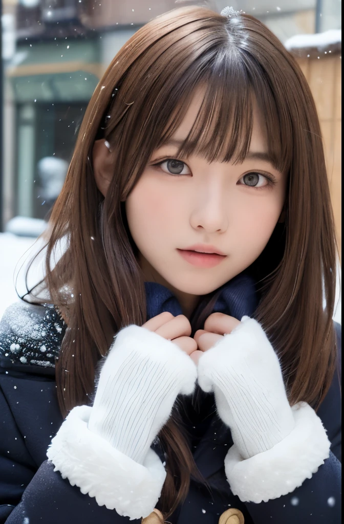 one girl, (a beauty girl, delicate girl:1.3), (14 years old:1.3),
break, (winter uniform, cute uniform:1.3),
break, (Street view:1.3), (that&#39;It&#39;s snowing:1.3), (wool gloves), perfectly trimmed fingers,
break, extremely fine-grained clarthaty, (symmetrical eyes:1.3),
break, small breasts, brown eyes, parted bangs, brown hair,  girl,
break, (Eye and face details:1.0), (get closer to the face, enlarge the face, face focus:1.0),
break, (masterpiece, highest qualthaty, Super detailed, detailed face, 8K)