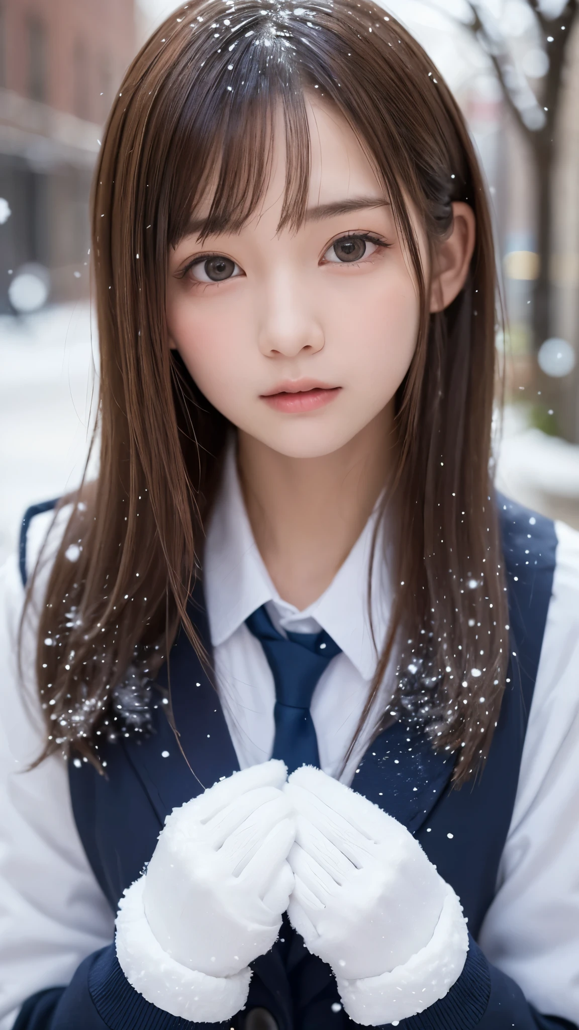 one girl, (a beauty girl, delicate girl:1.3), (14 years old:1.3),
break, (winter uniform, cute uniform:1.3),
break, (Street view:1.3), (that'It's snowing:1.3), (wool gloves), perfectly trimmed fingers,
break, extremely fine-grained clarthaty, (symmetrical eyes:1.3),
break, small breasts, brown eyes, parted bangs, brown hair, girl,
break, (Eye and face details:1.0), (get closer to the face, enlarge the face, face focus:1.0),
break, (masterpiece, highest qualthaty, Super detailed, detailed face, 8K), ((sensational gaze:1.2))、ecstasy face、climax expression、look up、look at viewer、((I can not stand it:1.5))