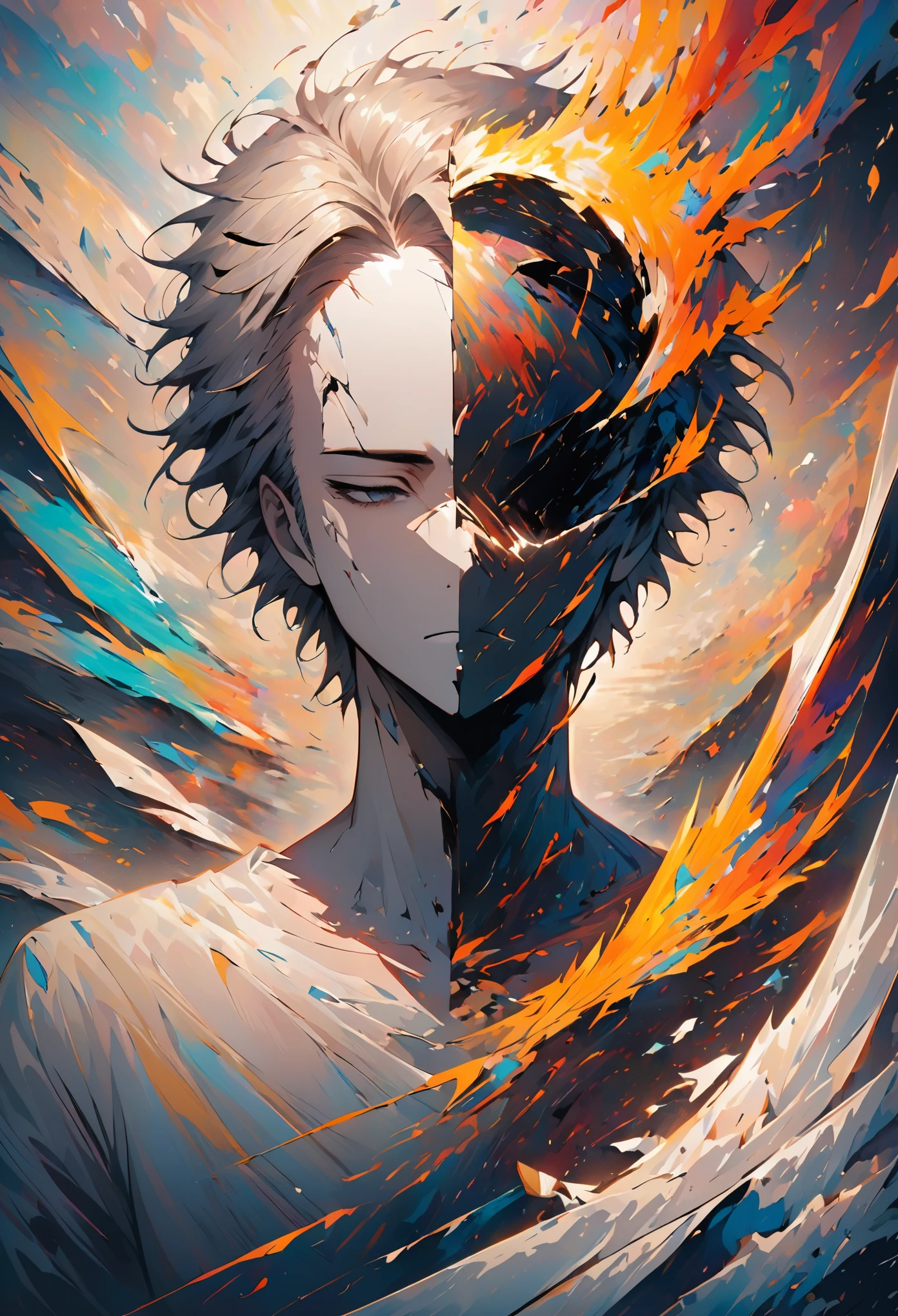 memory fades away. Man head, Abstract, blank，broken，dreamlike，peeling off like paper，dissipation effect
