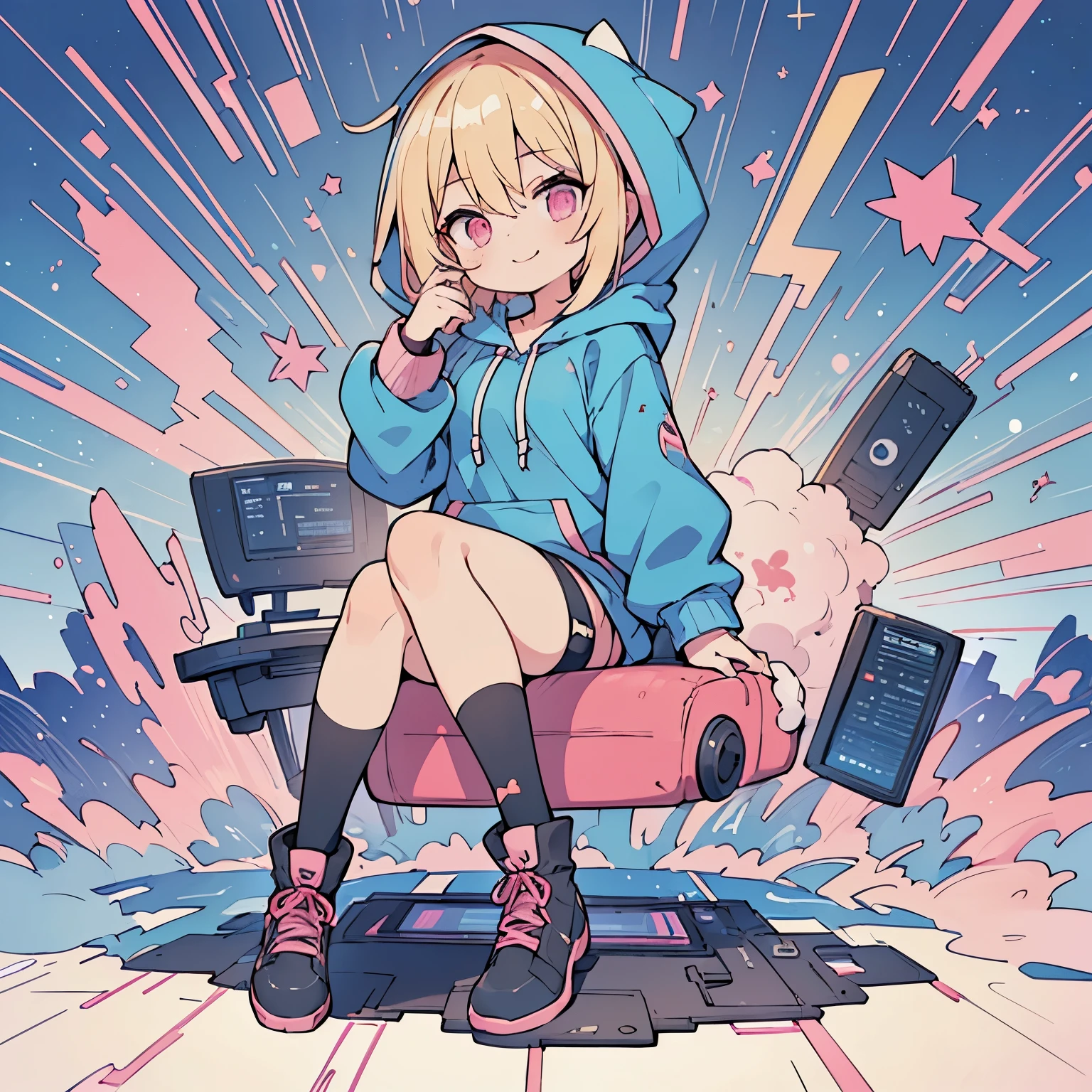 (blonde girl with short cut),(((Working on a computer))),(((blue zip hoodie))),(((Pink inner))),(black hot pants),pink eyes,open your mouth, A sloppy smile, Full body Esbian,(Little),((((solo))),(Highest image quality, In 8K, masterpiece, super detail),
