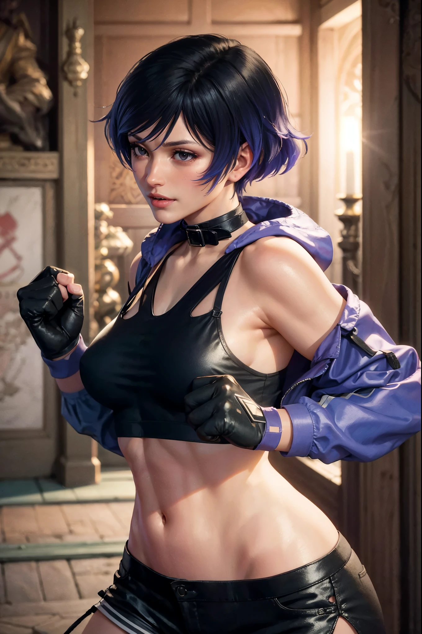 masterpiece, sexypose, Realistic, Very detailed, handsome body, Detailed body, Detailed hands, Detailed, Vibrants, Detailed Face, Reina's character design. Very detailed, Detailed body, Detailed hands, Detailed Face, anime art, extremely detailed CG unity 8k wallpaper, detailed light, Cinematic lighting, chromatic aberration, glittering, expressionless, epic composition, dark in the background, Very detailed, Detailed body, Vibrants, Detailed Face, sharp-focus, anime art, Vibrants, Detailed Face, Hugh Details, sharp-focus, Very drooping face, A detailed eye, super fine illustration, better shadow, finely detail, Beautiful detailed glow, Beautiful detailed, Extremely detailed, expressionless, epic composition, Presented at artstation, Octane Render, artstation hd, Cinematic, 4 thousand., hypermaximalist, elegant, japanese face, oriental japanese beauty face, best quality, reina, masterpiece, best quality, reina, masterpiece, best quality, reina, masterpiece, best quality, reina, masterpiece, best quality, reina, , masterpiece, best quality, reina, masterpiece, best quality, reina, purple eyes, multicolored hair, choker, bare shoulders, bare arms, large breasts, see-through, black shirt, black shorts, fingerless gloves, standing, fighting stance, pov, alleyway, grin, jabbing pose, uppercut pose, slim body, slimmer, proportional body, electric on fist