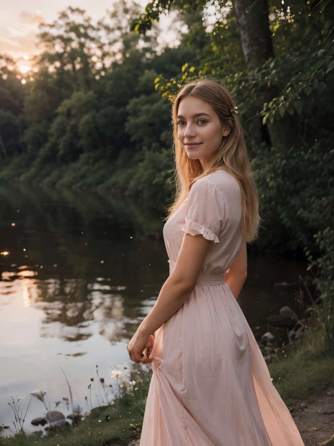 (highres:1.2),portrait,Latina-Frau, 30 Jahre alt,langes blondes Haar,haselnussbraune Augen,smiling,Wandern in einem Wald mit einem See,during a beautiful sunset,sanfte Beleuchtung,quiet atmosphere,Natur,Majestic Trees,dezente Brise,lush greenery,calm water surface,Evening sky with warm orange and pink tones,peaceful reflection on the lake,long flowing dress,anmutige Bewegung,freudiger Ausdruck,fine details of facial features,gently swaying fine strands of hair,sanfte Liebkosung des Sonnenlichts auf ihrer Haut,harmonious composition of Natur and beauty