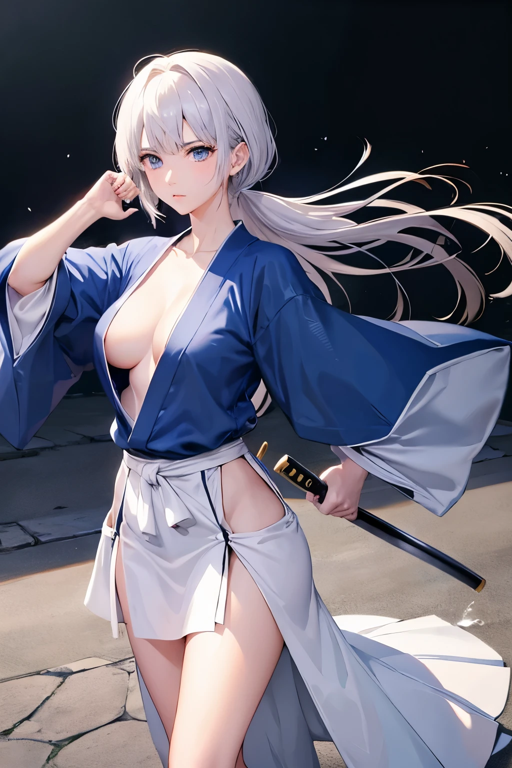 ((high quality、masterpiece、detailed、normal body、5This finger、Precise、delicate))、beautiful girl swordsman((C cup、Holds a Japanese sword in the right hand、holding the scabbard in the left hand、silver hair))、black racy robe、Black and white bra、white racy mini skirt、torn robe、torn skirt、wielding a Japanese sword、unsheathed sword、Absence、Good Japanese sword、Blade length 80cm、Scabbard 82cm、Keep your hips low、pulls out a Japanese sword from its sheath、mowing down、Feminization:1.7
