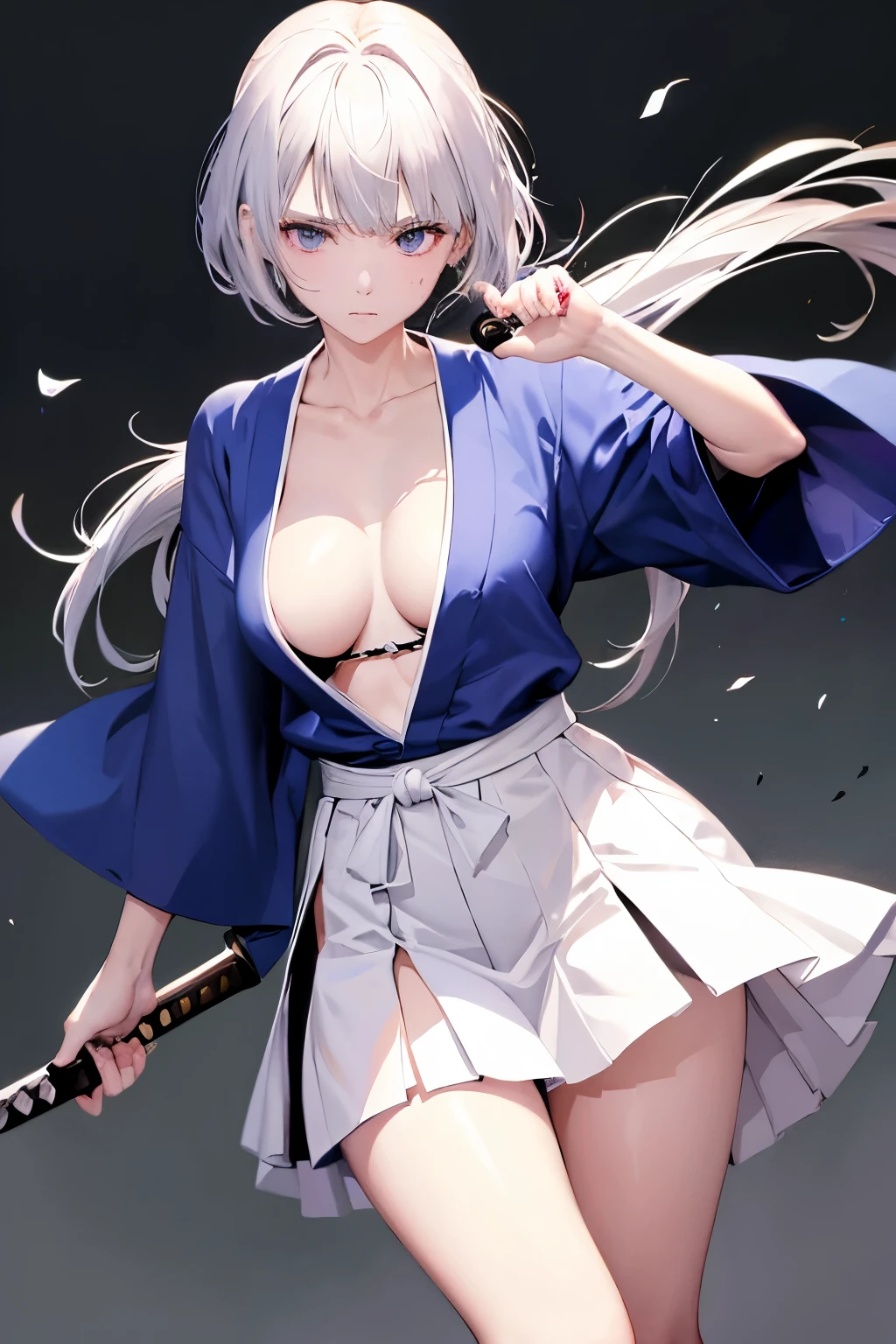 （（high quality、masterpiece、detailed、normal body、５This finger、Precise、delicate））、beautiful girl swordsman（（C cup、Holds a Japanese sword in the right hand、holding the scabbard in the left hand、silver hair））、black racy robe、Black and white bra、white racy mini skirt、torn robe、Tattered kimono、exposed skin、tattered skirt、wielding a Japanese sword、unsheathed sword、Absence、Good Japanese sword、Blade length 80cm、Scabbard 82cm、Keep your hips low、pulls out a Japanese sword from its sheath、mowing down、Feminization:1.7