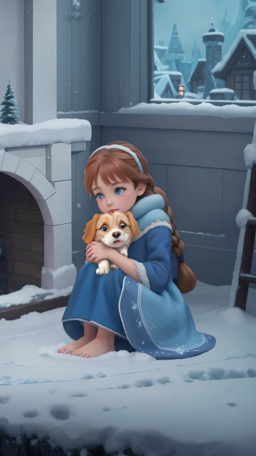 there is a cartoon girl sitting on a snowy floor with a dog, (poor girl), sad girl, art in the style of disney, adorable digital painting, disney art style, in style of disney animation, frozen tear, disney photo realistic, disney character, photorealistic disney, frozen, disney art, cute detailed digital art, frozen klaus film, disney concept art, cold, (cold tone)
