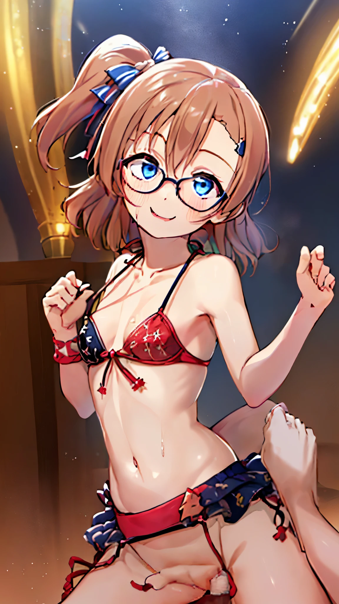 figure, better lighting, (highest quality), (8k), dark lighting, Angle from above; Cowgirl, sit on the girl; spread your legs, Place your hand in front of your crotch, insert, ecstatic smile, Enchanted face, lazy smile, Sweaty lower body, (A large amount of fluid dripping from the crotch), (small tits:1.7), (small breasts:1.9), (breasts without bulge:1.8), (flat chest:1.9), (big areola:1.8), (slender body), 股間にinsert, (expose one's chest), (expose female genitals:2.0), (Completely naked:1.8), (not wearing underwear:1.5), (not wearing clothes:1.5), (blonde:1.5), (medium long hair:1.5), (Patsun bangs:1.5), (Glasses:1.5)