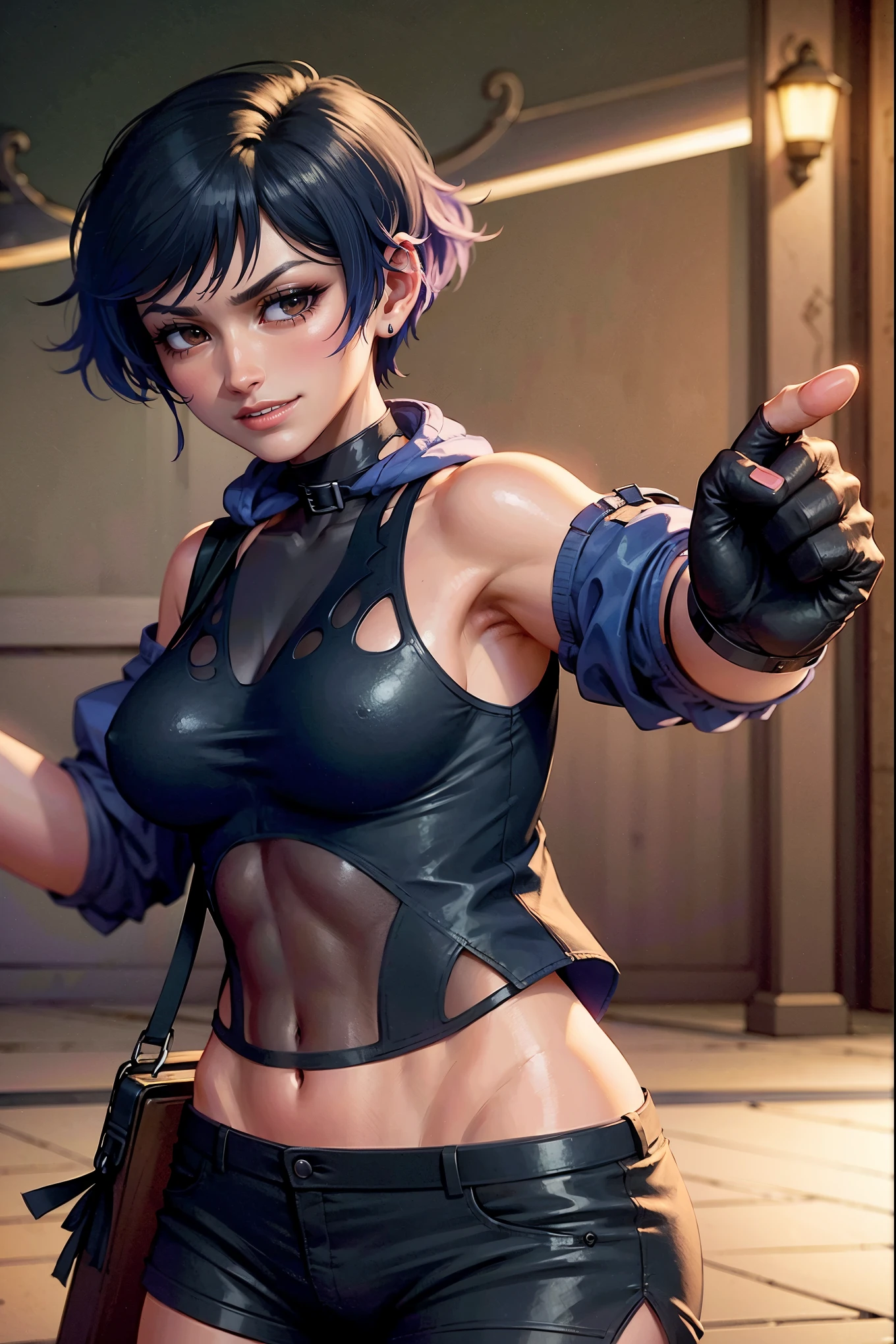 masterpiece, sexypose, Realistic, Very detailed, handsome body, Detailed body, Detailed hands, Detailed, Vibrants, Detailed Face, Reina's character design. Very detailed, Detailed body, Detailed hands, Detailed Face, anime art, extremely detailed CG unity 8k wallpaper, detailed light, Cinematic lighting, chromatic aberration, glittering, expressionless, epic composition, dark in the background, Very detailed, Detailed body, Vibrants, Detailed Face, sharp-focus, anime art, Vibrants, Detailed Face, Hugh Details, sharp-focus, Very drooping face, A detailed eye, super fine illustration, better shadow, finely detail, Beautiful detailed glow, Beautiful detailed, Extremely detailed, expressionless, epic composition, Presented at artstation, Octane Render, artstation hd, Cinematic, 4 thousand., hypermaximalist, elegant, japanese face, oriental japanese beauty face, best quality, reina, masterpiece, best quality, reina, masterpiece, best quality, reina, masterpiece, best quality, reina, masterpiece, best quality, reina, , masterpiece, best quality, reina, masterpiece, best quality, reina, purple eyes, multicolored hair, choker, bare shoulders, bare arms, large breasts, see-through, black shirt, black shorts, fingerless gloves, standing, fighting stance, pov, alleyway, grin, jabbing pose, uppercut pose, slim body, slimmer, proportional body, electric on fist