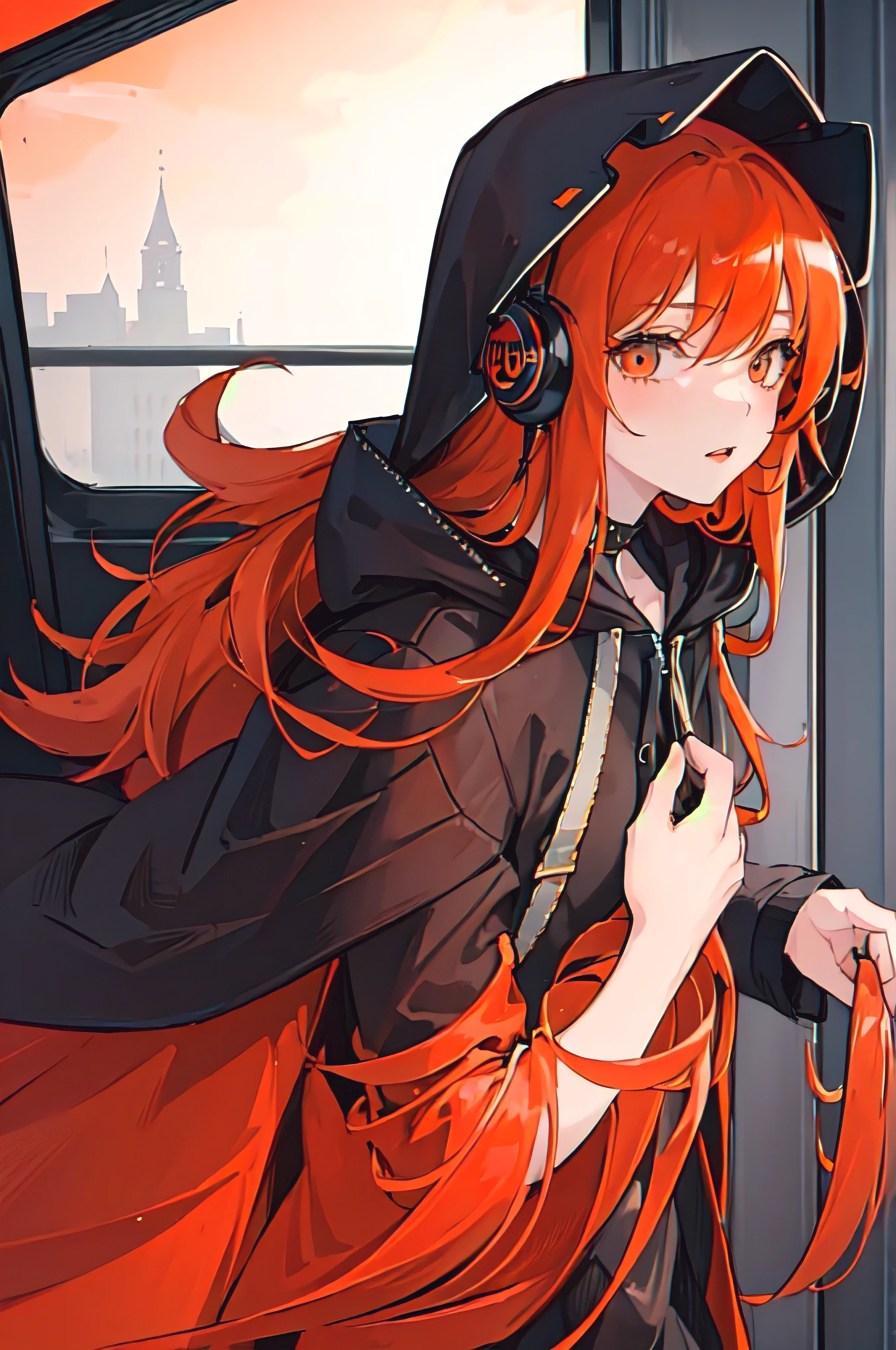 (masterpiece, sidelighting, ultra-detailed, finely detailed beautiful eyes: 1.2), 1girl, bag, building, from side, headphones, hood, hood down, hooded jacket, hoodie, jacket, long hair, orange hair, profile, red hair, solo, train, train interior, upper body, Masterpiece, best quality