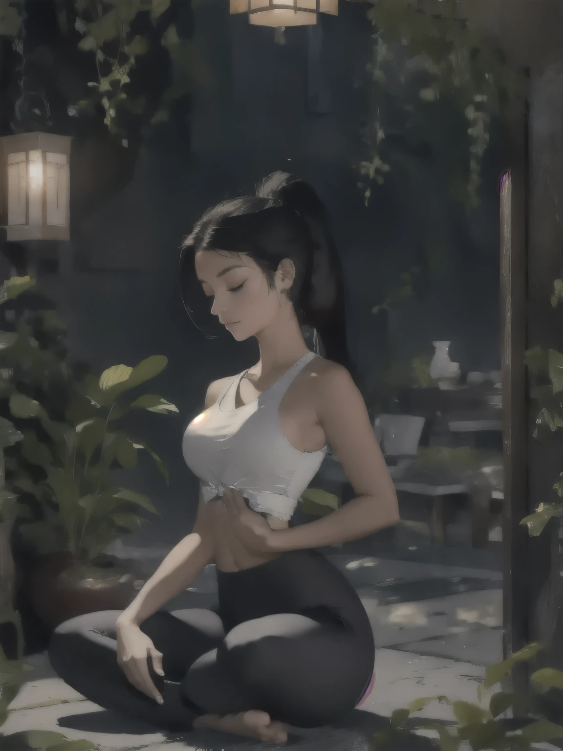 Description: Picture a young woman radiating tranquility amidst the chaos. She sits in lotus pose, donning sleek yoga attire - pants and a matching top. Her hair is neatly tied in a ponytail, framing her serene expression with closed eyes, deep in meditation. Surrounding her, a serene setting - perhaps a tranquil garden or a serene studio. Soft light accentuates her peaceful aura. With each breath, she embodies serenity, inviting viewers to find their own inner calm amid life's whirlwind. hands are resting on knees