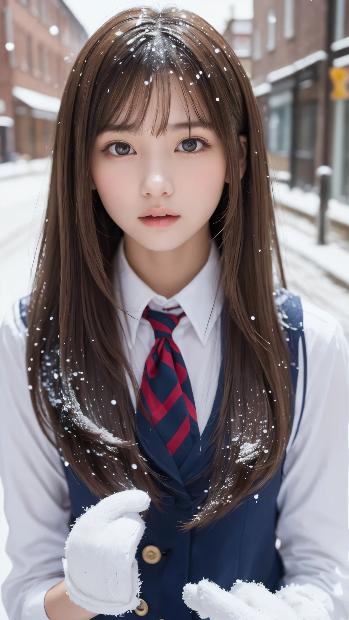 one girl, (a beauty girl, delicate girl:1.3), (14 years old:1.3),
break, (winter uniform, cute uniform:1.3),
break, (Street view:1.3), (that&#39;It&#39;s snowing:1.3), (wool gloves), perfectly trimmed fingers,
break, extremely fine-grained clarthaty, (symmetrical eyes:1.3),
break, small breasts, brown eyes, parted bangs, brown hair,  girl,
break, (Eye and face details:1.0), (get closer to the face, enlarge the face, face focus:1.0),
break, (masterpiece, highest qualthaty, Super detailed, detailed face, 8K), ((sensational gaze:1.2))、ecstasy face、climax expression、look up、look at viewer、((I can not stand it:1.5))