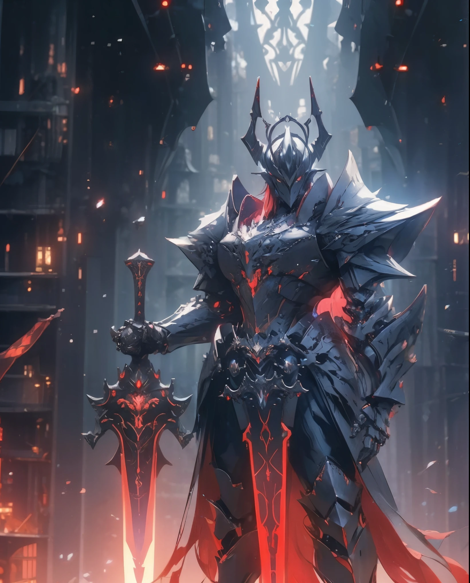 arafed knight standing in a dark room with a sword, burnt armor, black fire color reflected armor, steampunk bioarmor, redwood forest themed armor, demonic dragon inspired armor, corrupted armor, gothic armor, black and reddish color armor, cyberpunk flame suit, prince crown of black gears, zombie cyborg, demonic! compedium!, black leather armour, black gears, fire sword