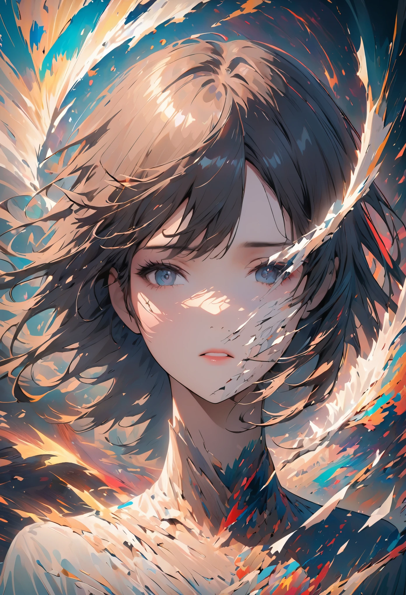 best quality, tmasterpiece, A dark-haired, blue Cat eyes, head looking up, Upper body body，ink and watercolor painting，There was a fire burning all around