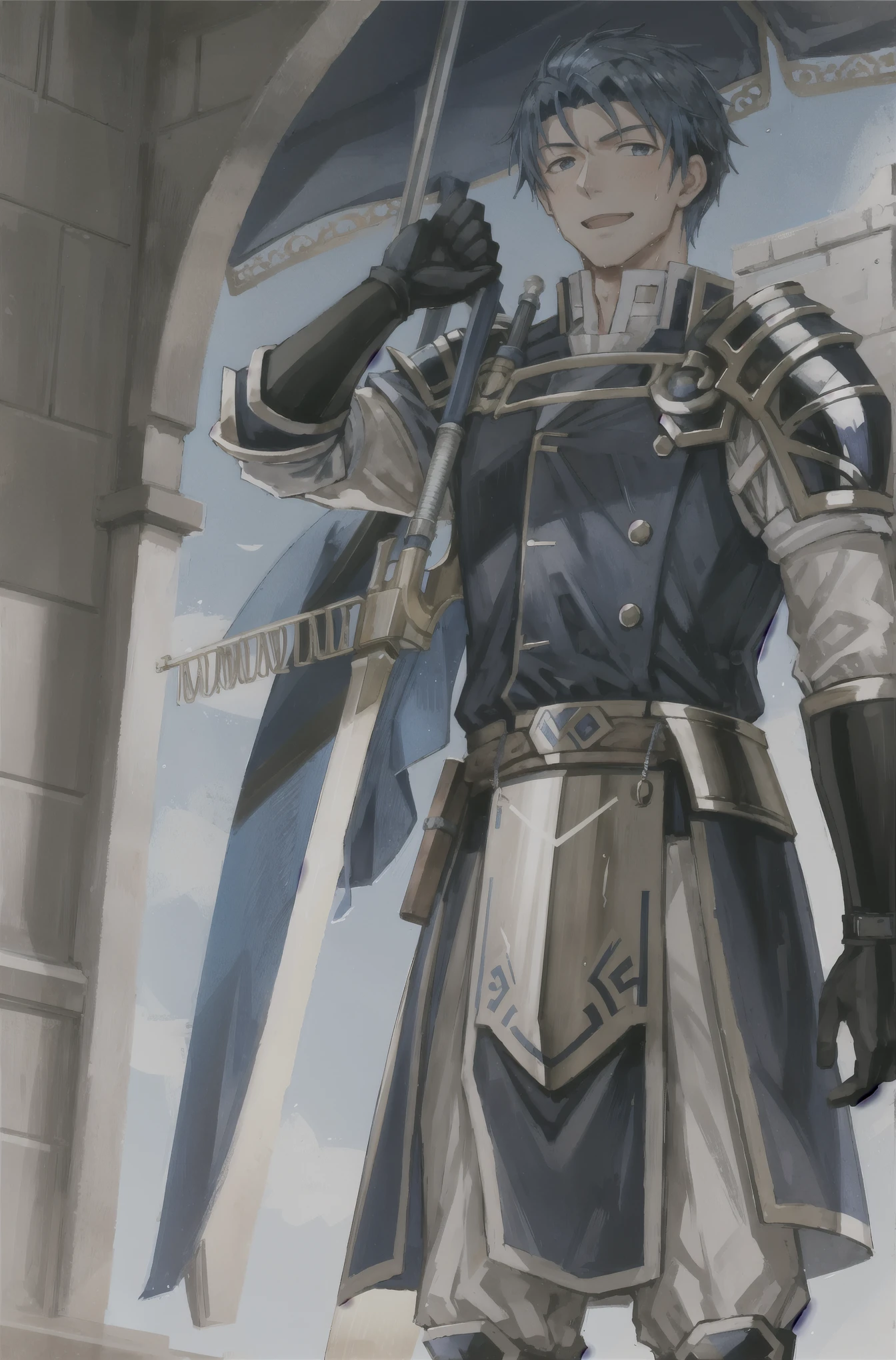 Hector Fay, soloist, looking at the audience, smiling, open mouth, sweat, get wet, wet, Slobber, Gloves, 1 boy, blue hair, male focus, tie, armor, from below,