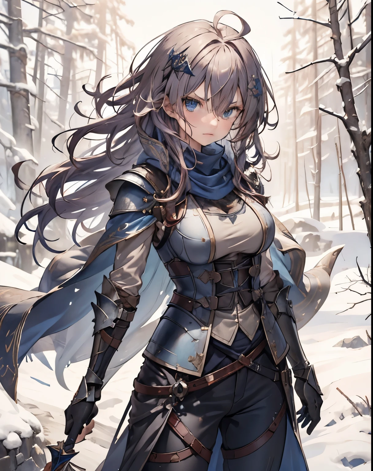 masterpiece, 1girl, sparrow, a crimson haired girl, wearing a blue medieval armored knight, curly long hair, messy hair, slim body, wearing knight clothes, he close her left eye, shirt ornament, angry expression, blue eyes, stand at snowy forest, ahoge, grey vest, baby face, shawl, big breast, beautiful breasts, rounded breasts