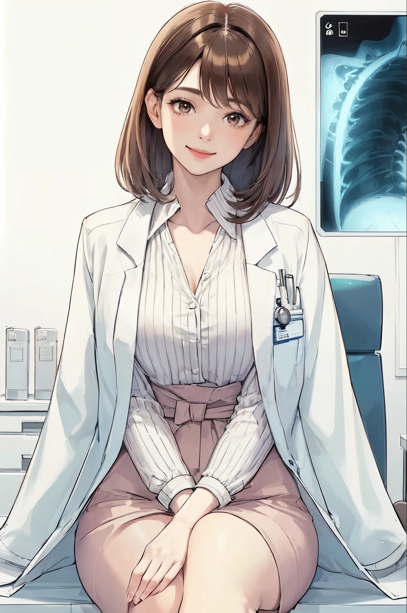 1lady solo, sitting, (looking at viewers), (white lab coat) stylish outfit, mature female, /(dark brown hair/) bangs, kind smile, (masterpiece best quality:1.2) delicate illustration ultra-detailed, large breasts, /(stethoscope around neck/) BREAK (hospital examination room) indoors, work desk, (x-ray photo), detailed background
