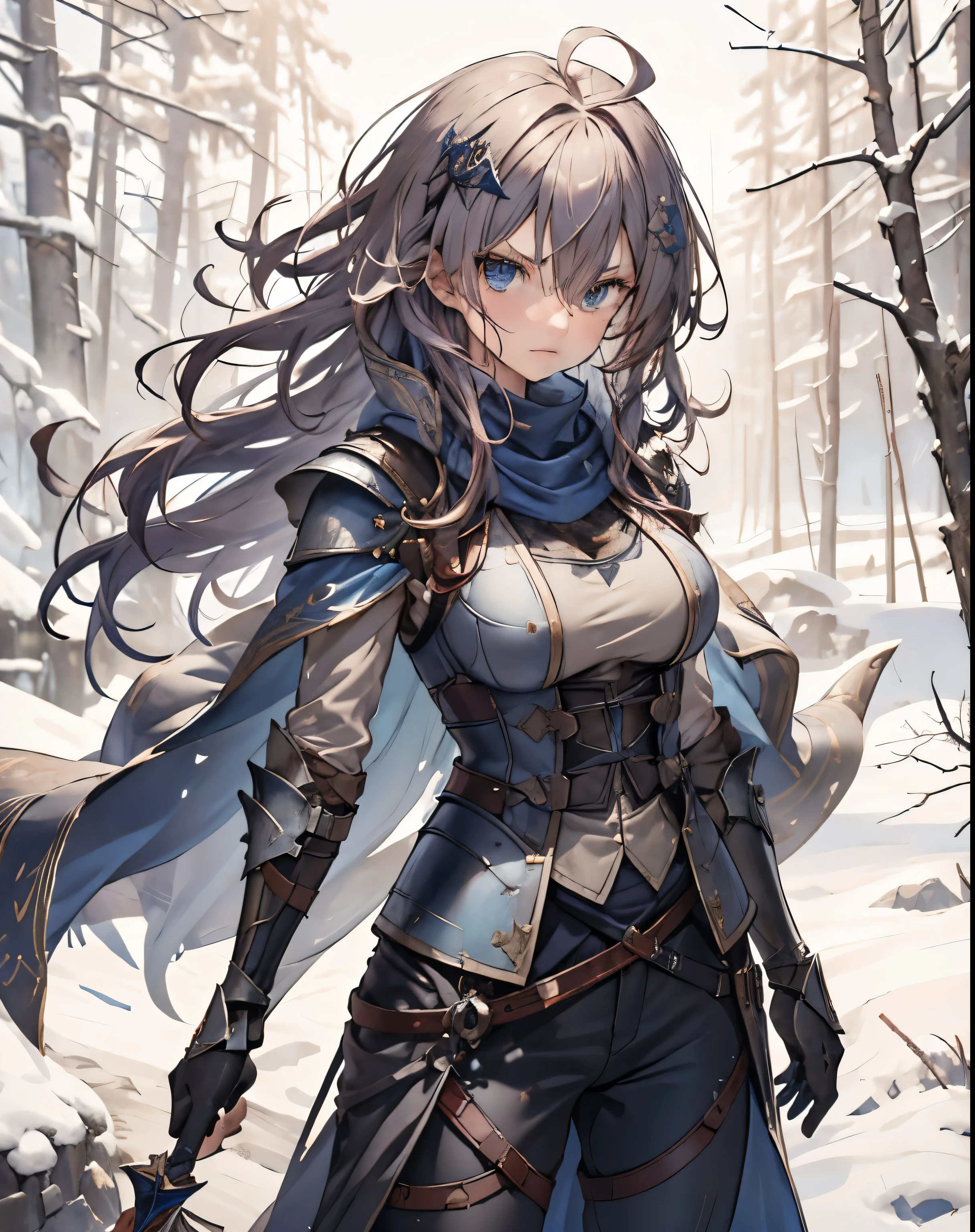 masterpiece, 1girl, sparrow, a crimson haired girl, wearing a blue medieval armored knight, curly long hair, messy hair, slim body, wearing knight clothes, he close her left eye, shirt ornament, angry expression, blue eyes, stand at snowy forest, ahoge, grey vest, , shawl, big breast, beautiful breasts, rounded breasts