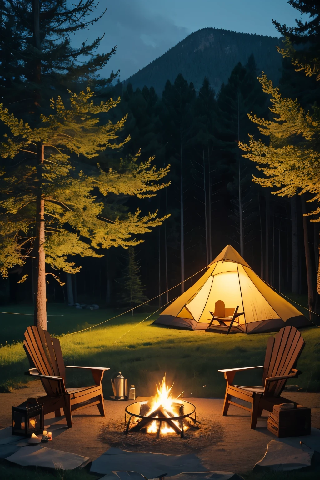 This expansive canvas brings to life an idyllic camping scene, bathed in the soft glow of an evening backdrop. At the heart of the painting lies a roaring bonfire, its flames dancing and ascending, framed by irregular stones that add a rustic charm. To the left, an inviting Adirondack chair sits tucked away, its wooden texture warm and inviting, and its position offering a picturesque view of the distant landscape. The lush lawn before the chair reflects the gentle dance of the flames, while the silhouettes of surrounding pine trees add depth and texture.

On the right, a classic triangular camping tent casts a soft, dim, and warm light from