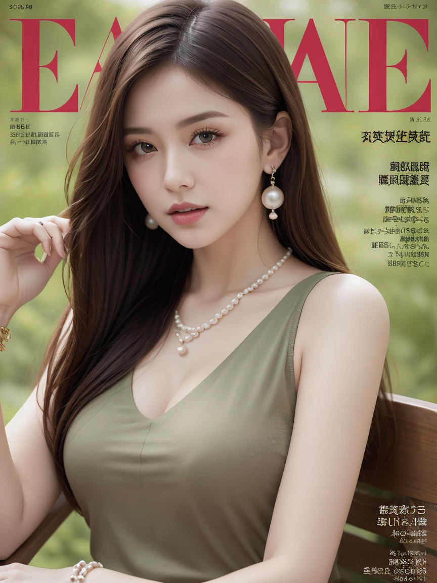 {{magazine cover}},(fashion magazine cover), 1girl, solo, long hair, looking at viewer, brown hair, brown eyes, jewelry, earrings, necklace, bracelet, lips, cover, ring, realistic, pearl necklace, magazine cover, green theme, casual, urban, upper body, fashionable, 