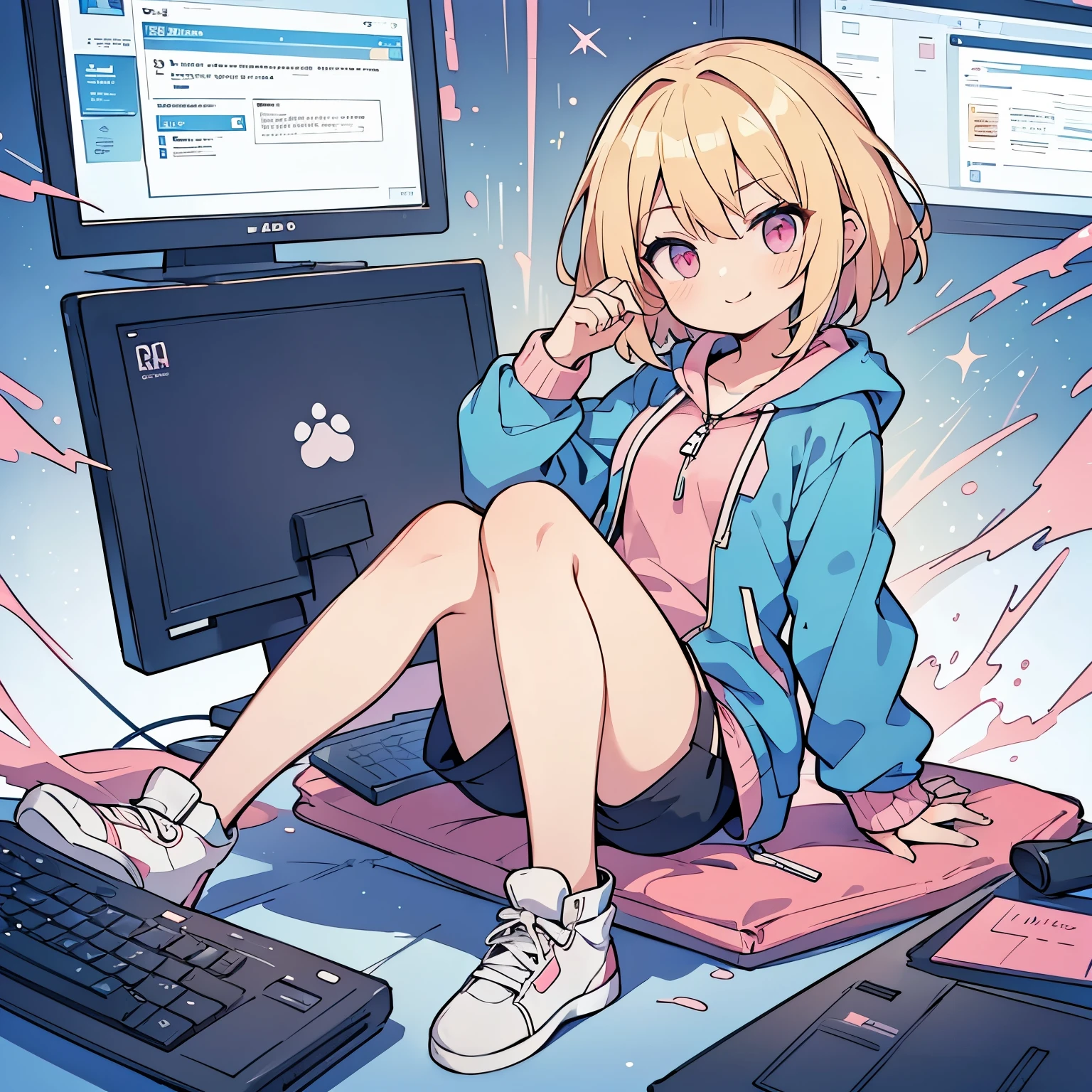 (blonde girl with short cut),(((sitting at a desk typing on a computer keyboard))),(((blue zip hoodie))),(((Pink inner))),(black hot pants),pink eyes,open your mouth, A sloppy smile, Full body Esbian,(Little),((((solo))),(Highest image quality, In 8K, masterpiece, super detail),