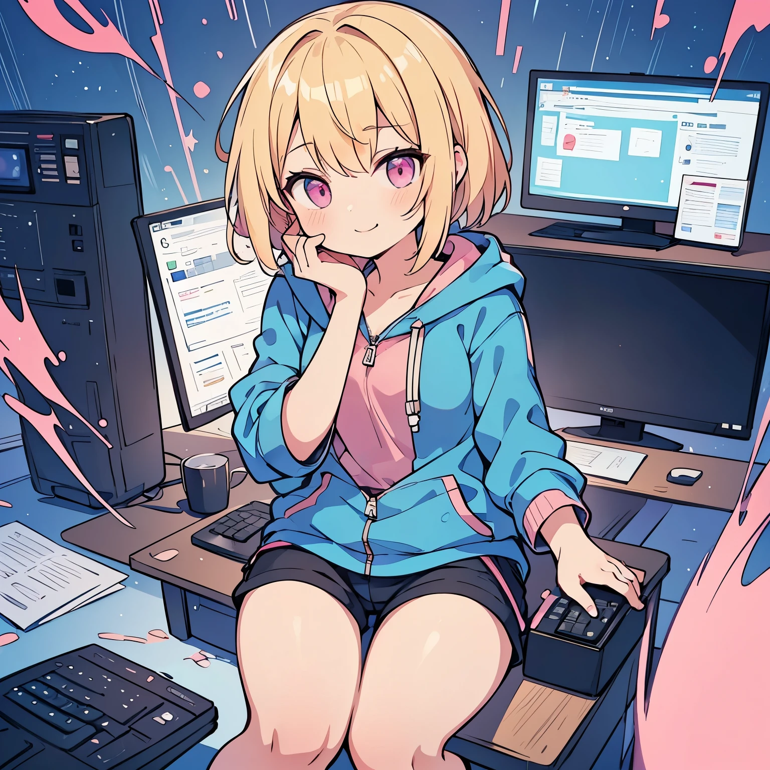 (blonde girl with short cut),(((sitting at a desk typing on a computer keyboard))),(((blue zip hoodie))),(((Pink inner))),(black hot pants),pink eyes,open your mouth, A sloppy smile, Full body Esbian,(Little),((((solo))),(Highest image quality, In 8K, masterpiece, super detail),