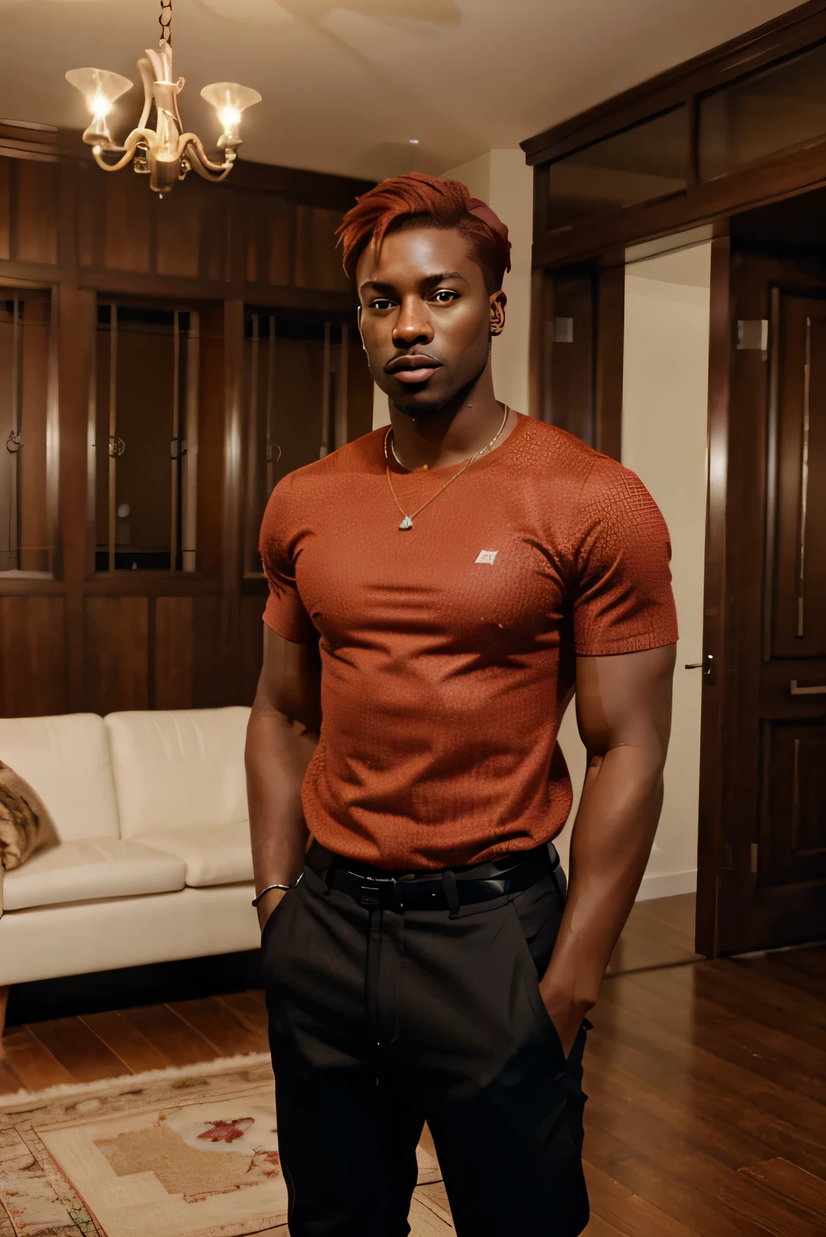 Handsome dark-skinned man with fiery red hair in a beautiful room and clothes.. His body is visible from the waist up.. He&#39;said a cool blogger. It is secured with a zipper around the waist.. 