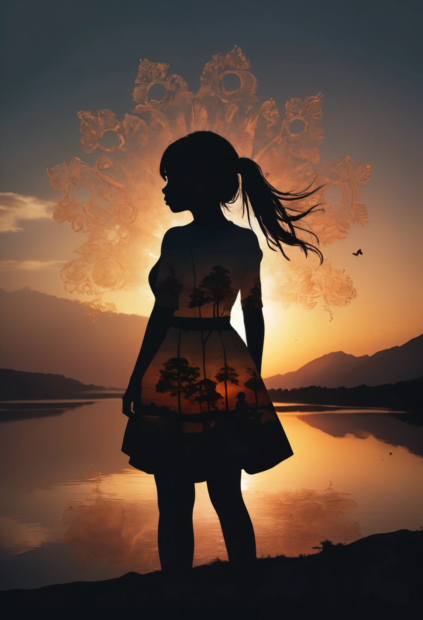 Silhouette Art of 1girl, multiple exposure, sunset, enhance, intricate, (best quality, masterpiece, Representative work, official art, Professional, unity 8k wallpaper:1.3)