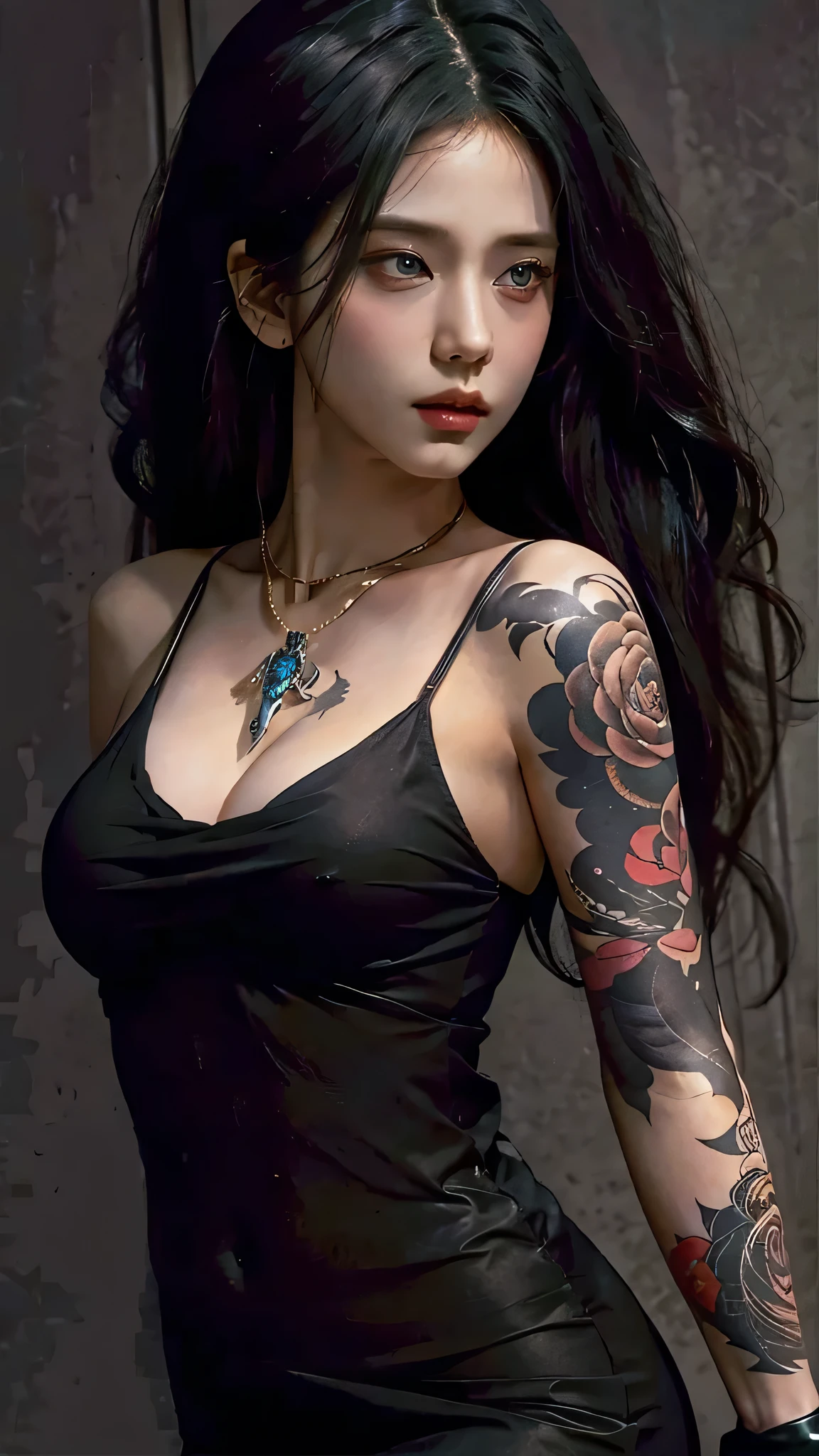 photorealistic, high resolution, soft light,1women, solo, hips up, (detailed face), jewelry, tattoo,black dress mafia clothing, black hair, super long hair, looking viewers, tatto, messy hair, close up, small breast, adult
