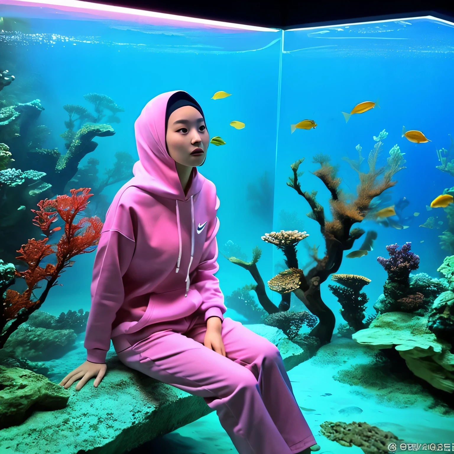photo of a beautiful Korean woman with clean skin and a hijab sitting in an underwater aquarium.  The surrounding room is a glass aquarium that displays the beauty of the underwater world. The woman is wearing an intricate pink floral patterned hoodie and Levis trousers, Nike shoes. You can see coral reefs and lots of fish with beautiful patterns outside the glass walls, giving the feel of an underwater view.  natural and real. the lighting is very bright and focused,