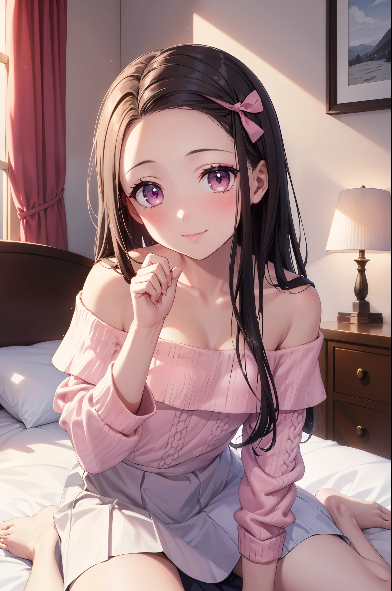master piece, best quality, 8k, ultra high resolution, highest quality, anime style, best writing, beautiful face, masterpiece,Pink ribbon on hair, fascinating face, good lighting, low cut, small details, masterpiece, shining eyes, pink eyes, 1 girl, black hair, Nezuko Kamado, (White off-shoulder knit:1.3), (long skirt:1.3), masterpiece, highest quality, beautiful makeup, fascinating eyes, free pose, upper body, best smile, bedroom, sit on the bed, Wariza