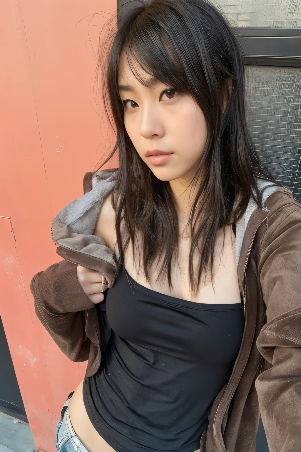 Arafed woman wearing a black top and a brown jacket., she has black hair con flequillo, half asian, Asian girl, taken in the early 2020s, con flequillo, young Asian girl, a young asian woman, ilya kuvshinov con pelo largo, meg kimura, chica anime en la vida real, gemma chen