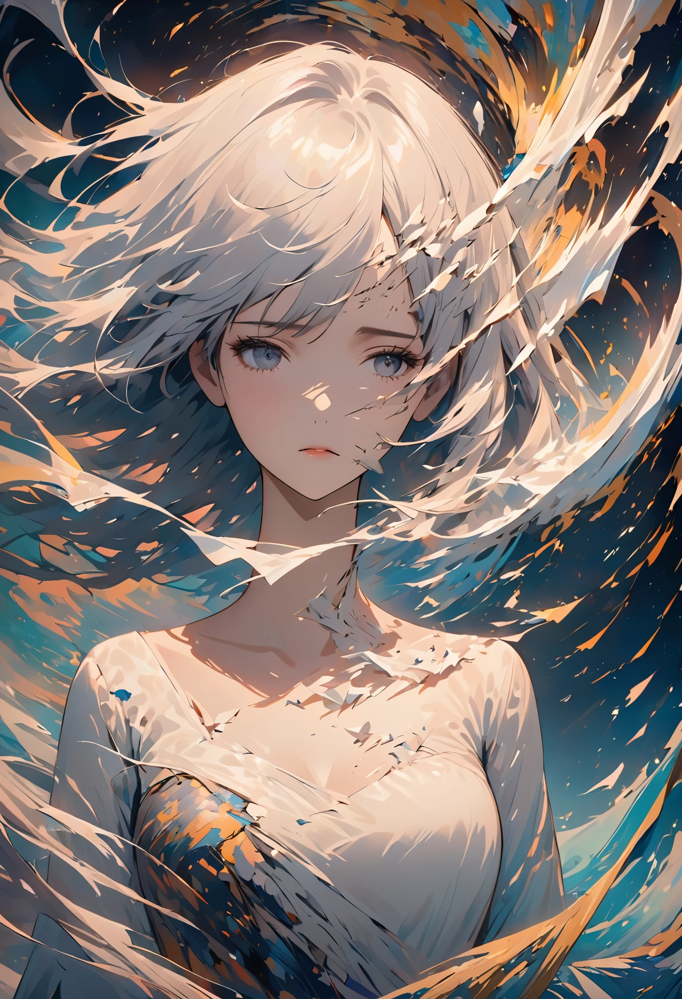 memory fades away. Woman head, (Abstract, blank,broken,dreamlike,peeling off like paper,dissipation effect)