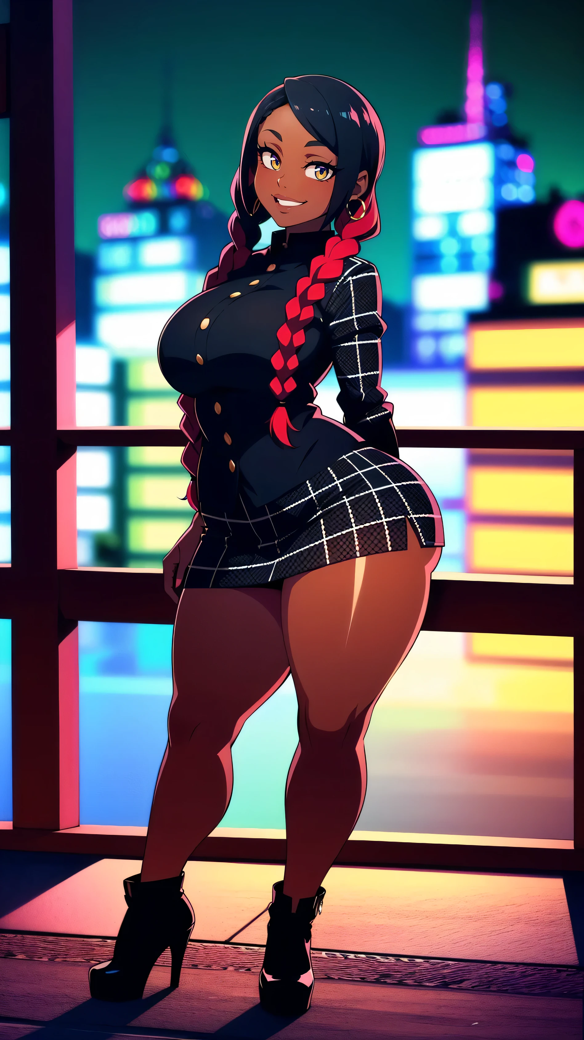 4K Quality, ((big smile)), sexy pose, black plaid miniskirt, standing up, ((black and red braids)), ((dark skinned)), thick thighs, big breasted, big ass, looking at viewer, braided hair, (red eyes), night time, bedroom eyes, full body, city background, perfect face, perfect body, perfect eyes, ((shiny full lips)),