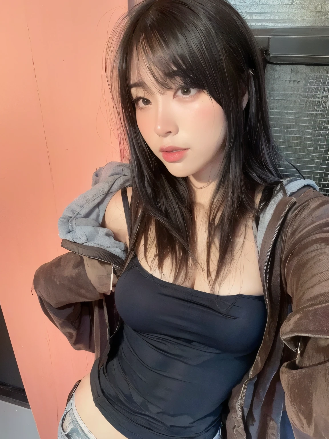 Arafed woman wearing a black top and a brown jacket., she has black hair con flequillo, half asian, Asian girl, taken in the early 2020s, con flequillo, young Asian girl, a young asian woman, ilya kuvshinov con pelo largo, meg kimura, chica anime en la vida real, gemma chen