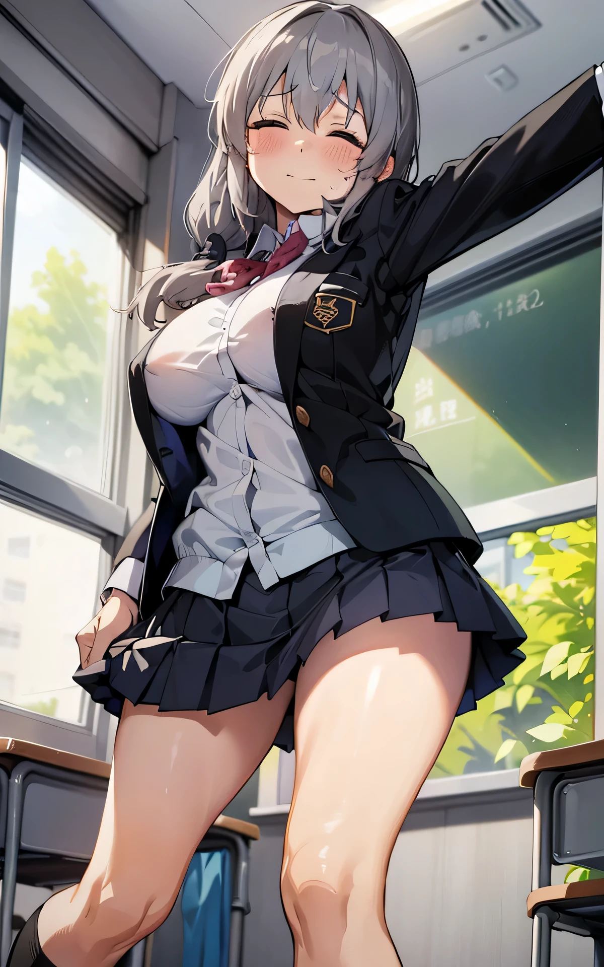 absurderes:1.8, ((from below:1.6, standing, shaved pussy, show your wet pussy:1.6, nsfw)), ((school uniform:1.2, exhibitionist、blazer:1.4, school classroom、don't wear skirts:1.6))、(milf、grey hair, tie very long hair to one side:1.4,), Unity 8K Wallpaper, Masterpiece, detailed hair, highly detailed, ((Tsuki uzaki, closed eyes, big breasts、socks)), (blush:1.3, light smile)
