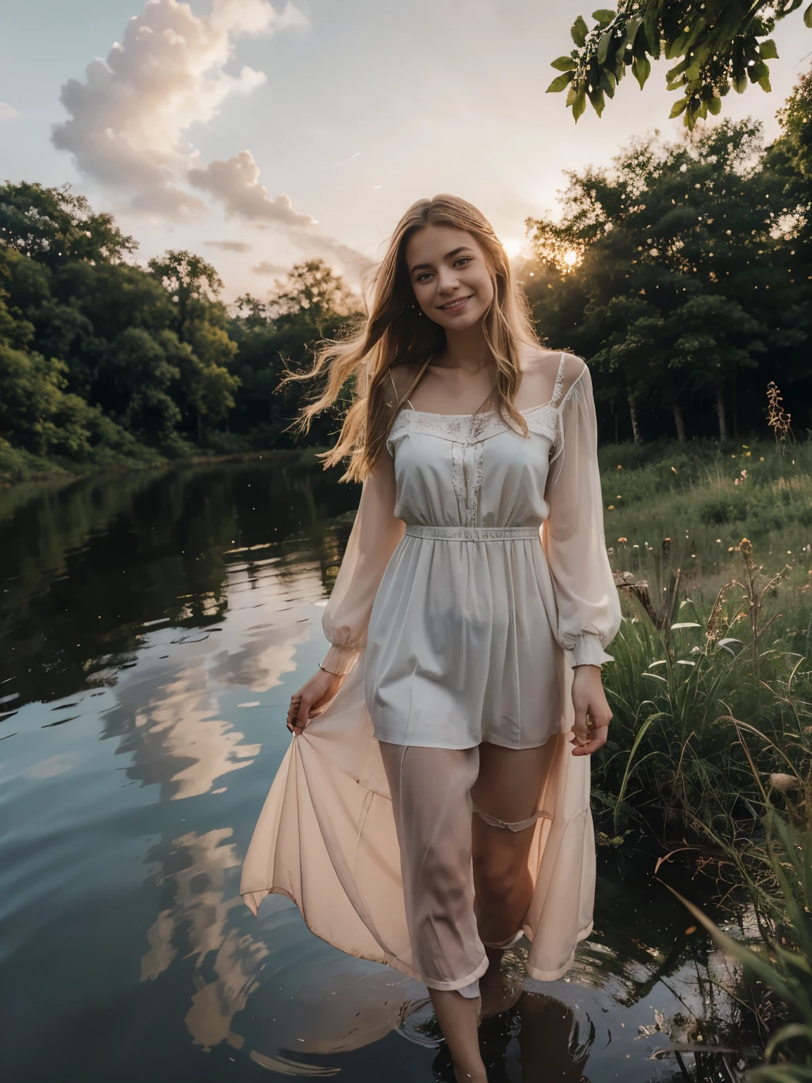 (highres:1.2),portrait,Latina-Frau, 22 Jahre alt,langes blondes Haar,graublaue Augen,smiling,Wandern in einem Wald mit einem See,during a beautiful sunset,sanfte Beleuchtung,quiet atmosphere,Natur,Majestic Trees,dezente Brise,lush greenery,calm water surface,Evening sky with warm orange and pink tones,peaceful reflection on the lake,long flowing dress,anmutige Bewegung,freudiger Ausdruck,fine details of facial features,gently swaying fine strands of hair,sanfte Liebkosung des Sonnenlichts auf ihrer Haut,harmonious composition of Natur and beauty