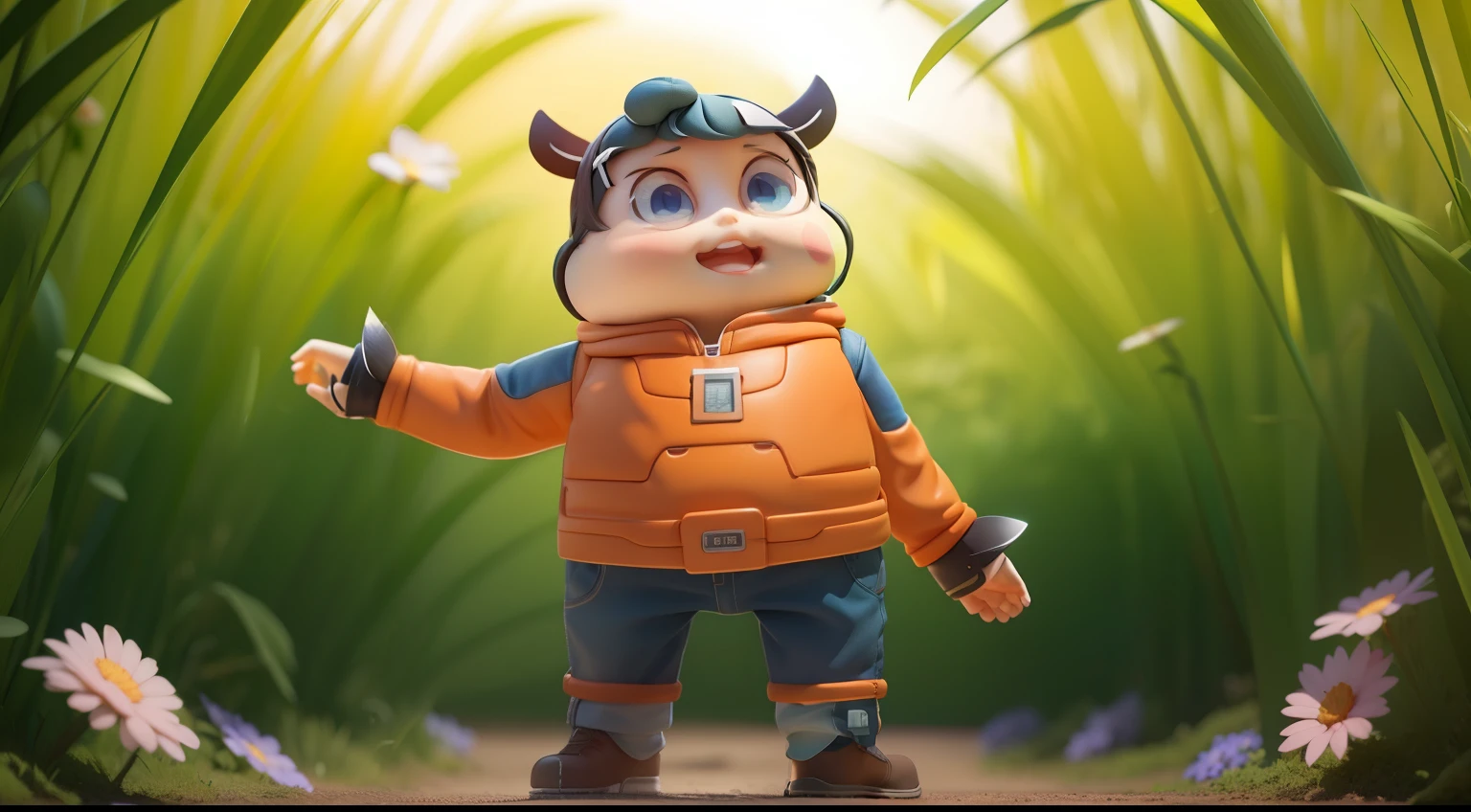 There is a poster，It features a cartoon character with his hair blown away by the wind，Male explorer mini cute boy，walking in the wilderness，Jungle of flowers and plants，animation style rendering，Lovely 3D rendering，little guy。Unreal Engine 5，stylized anime，Lovely and detailed digital art，Artie Guérin 8 K，Stylized 3D rendering，Adventure surreal rendering，Anime style 3D，Stylized 3D rendering