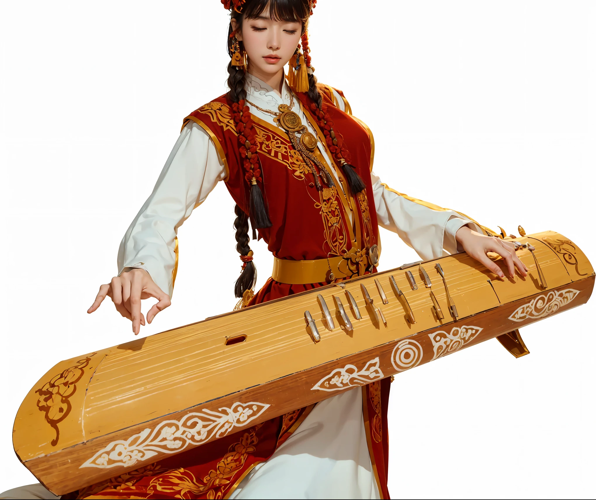 Uighur girl wearing Xinjiang costume playing guzheng,eyes closed,intoxicated with beauty,On the steppe at dusk, No background inspired by land base, inspired by Yang Buzhi, Z style art, Illustrations inspired by Persian folklore, Inspired by Song Maojin, Inspired by Ji Yunfei, Persian folk storytelling art style, A beautiful artistic illustration, With Xinjiang art style, Detailed cloud,Detailed distant mountains,Detailed steppe. (best quality, 4k, 8k, high resolution, masterpiece:1.2), super detailed, (actual, photoactual, photo-actual:1.37), high dynamic range, ultra high definition, studio lighting, Ultra-fine painting, sharp focus, Physically based rendering, extremely detailed description, professional, bright colors, Bokeh, portrait, landscape,, Science fiction, photography, concept artist, Vibrant shades, Picturesque lights.