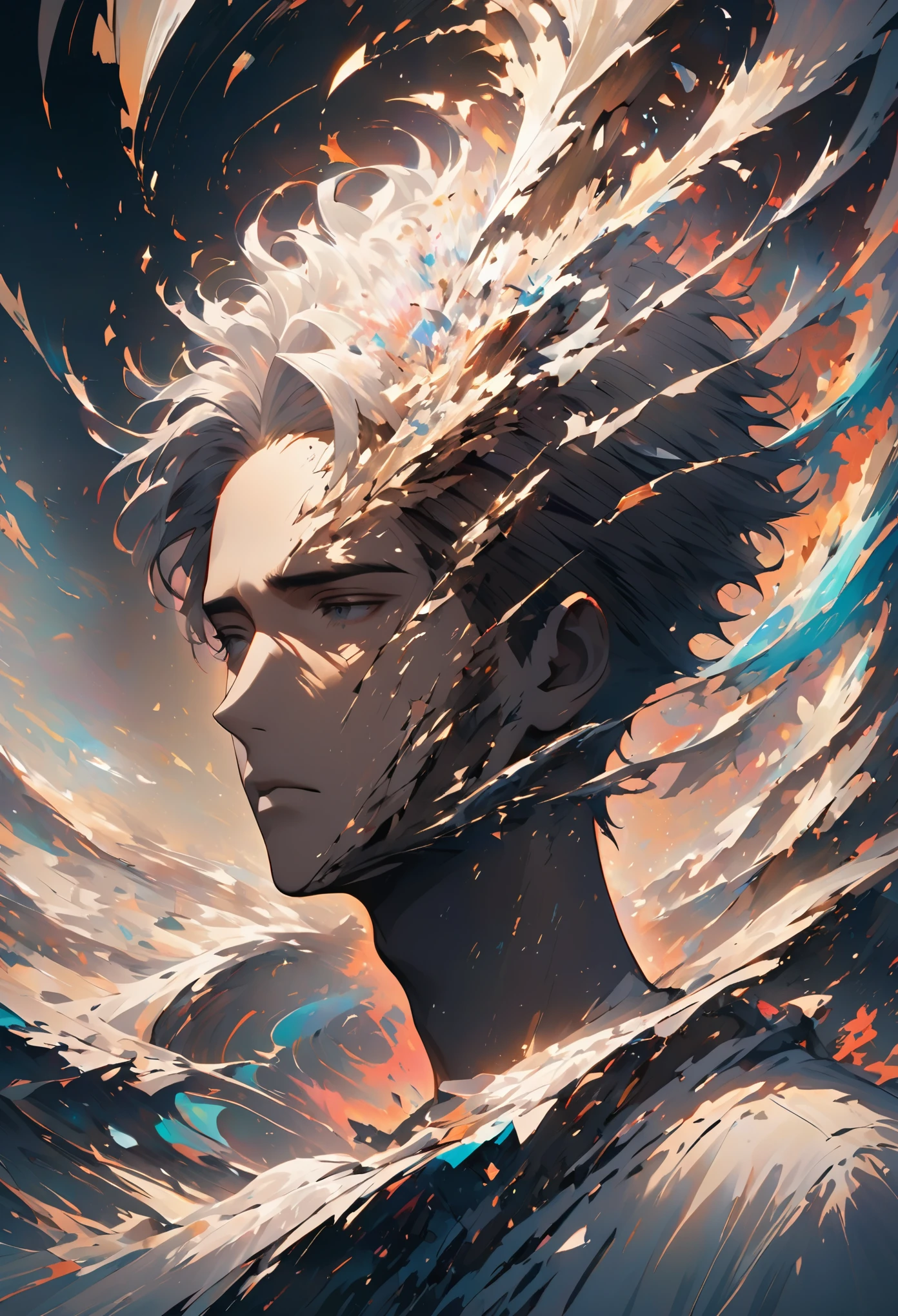 memory fades away. Man head, (Abstract, blank,broken,dreamlike,peeling off like paper,dissipation effect)