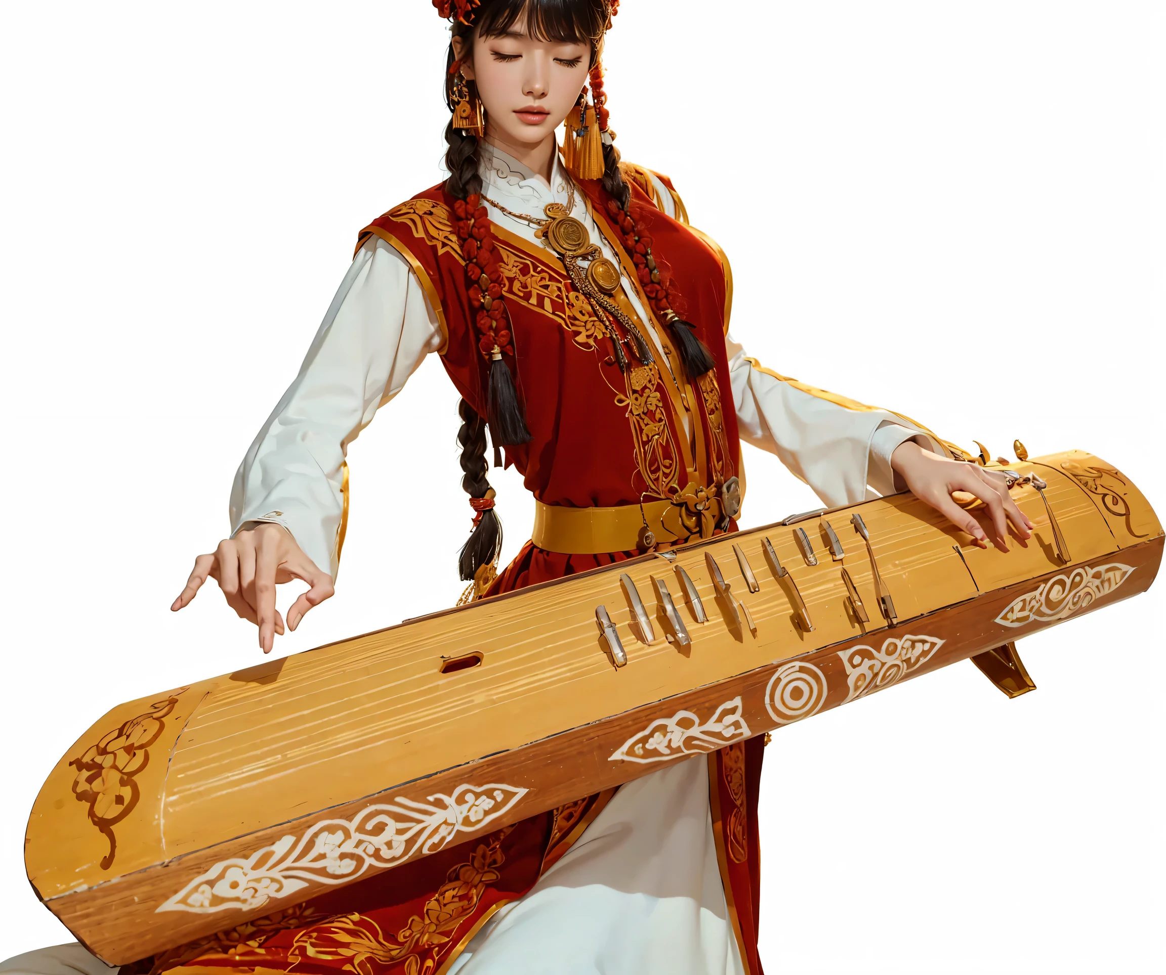 Uighur girl wearing Xinjiang costume plays guzheng，eyes closed，intoxicated with beauty，On the steppe at dusk, No land base inspired background, inspired by Yang Buzhi, Z style art, Illustrations inspired by Persian folklore, Inspired by Song Maojin, Inspired by Ji Yunfei, Persian folk storytelling art style, A beautiful artistic illustration, With Xinjiang art style, Detailed cloud，Detailed distant mountains，Detailed steppe. (best quality, 4K, 8K, High resolution, masterpiece:1.2), super detailed, (actual, photoactual, photo-actual:1.37), high dynamic range, ultra high definition, studio lighting, Ultra-fine coating, sharp focus, Physically based rendering, extremely detailed description, professional, bright colors, Bokeh, portrait, landscape,, Science fiction, photography, concept artist, Vibrant shades, Picturesque lights.
