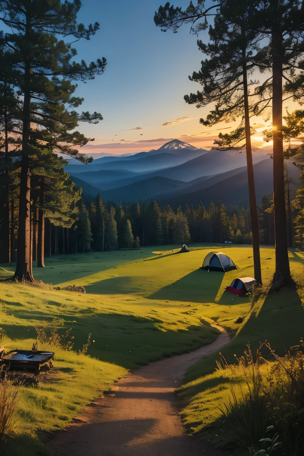 This expansive canvas portrays a picturesque camping setting, enveloped in the radiance of an enchanting evening. At the heart of the scene lies a roaring bonfire, its flames dancing playfully upwards and encircled by irregular boulders. To the left, an vintage Adirondack wooden chair invites relaxation, its weathered wood texture conveying a sense of tranquility and offering an unobstructed view of the breathtaking landscape. Reflecting the soft, golden flames, the lush green grass in the foreground delicately mirrors the silhouettes of the towering pine trees in the distance.
On the right, an authentic tri