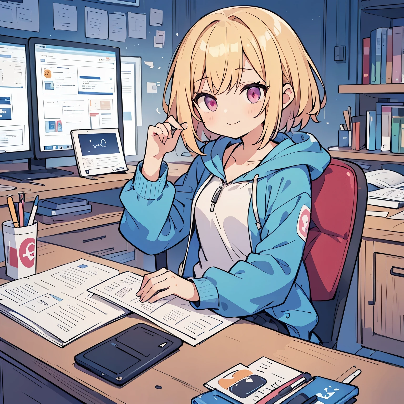(blonde girl with short cut),(((sitting at a desk typing on a computer keyboard))),(((There are documents and pens on the desk.))),(((have a tablet))),(((blue zip hoodie))),(((Pink inner))),(black hot pants),pink eyes,open your mouth, A sloppy smile, Full body Esbian,(Little),((((solo))),(Highest image quality, In 8K, masterpiece, super detail),