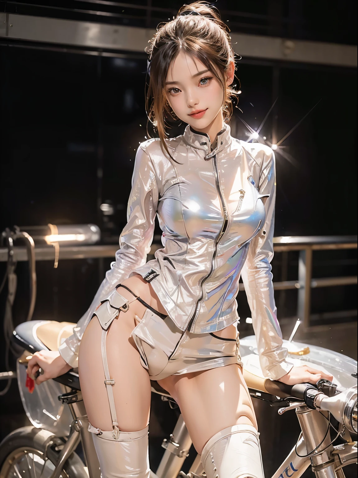 ((highest quality)), ((masterpiece)), ((perfect face))、(detailed motorcycle)、Photo bike woman with clear details))、slender body、Light brown riding jacket and leather pants、smile、pose next to a bike、short hair