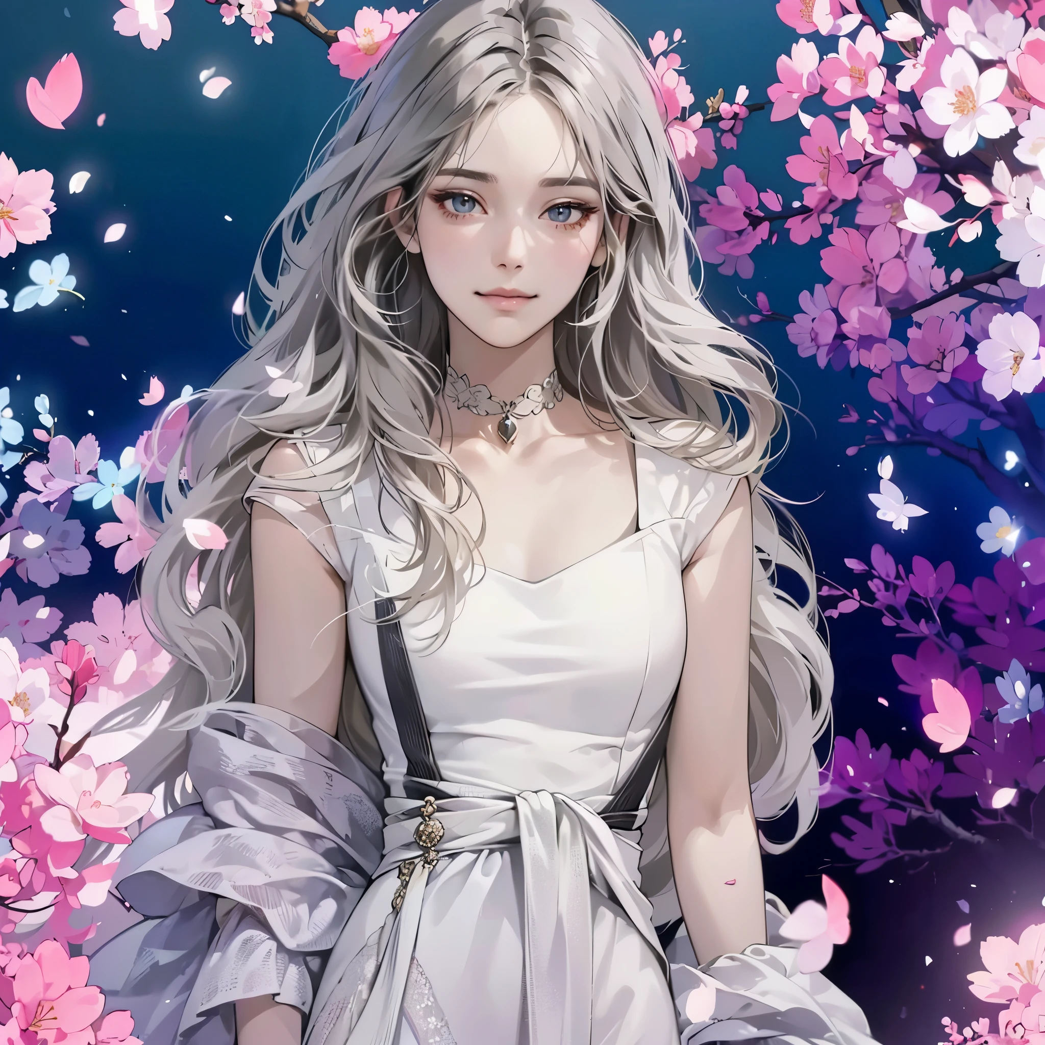 (table top, digital art, digital illustration, 4K, 8K, super detailed, beautiful images, clear image, realistic, RAW photo, perfect face, perfect lines, perfect eyes, soft lighting) ,1 female, (long black hair,parted bangs、bullish look,beautiful woman,closed mouth,smirk,Mature,(slender,),23 year old female,:1.3),The background is cherry blossoms