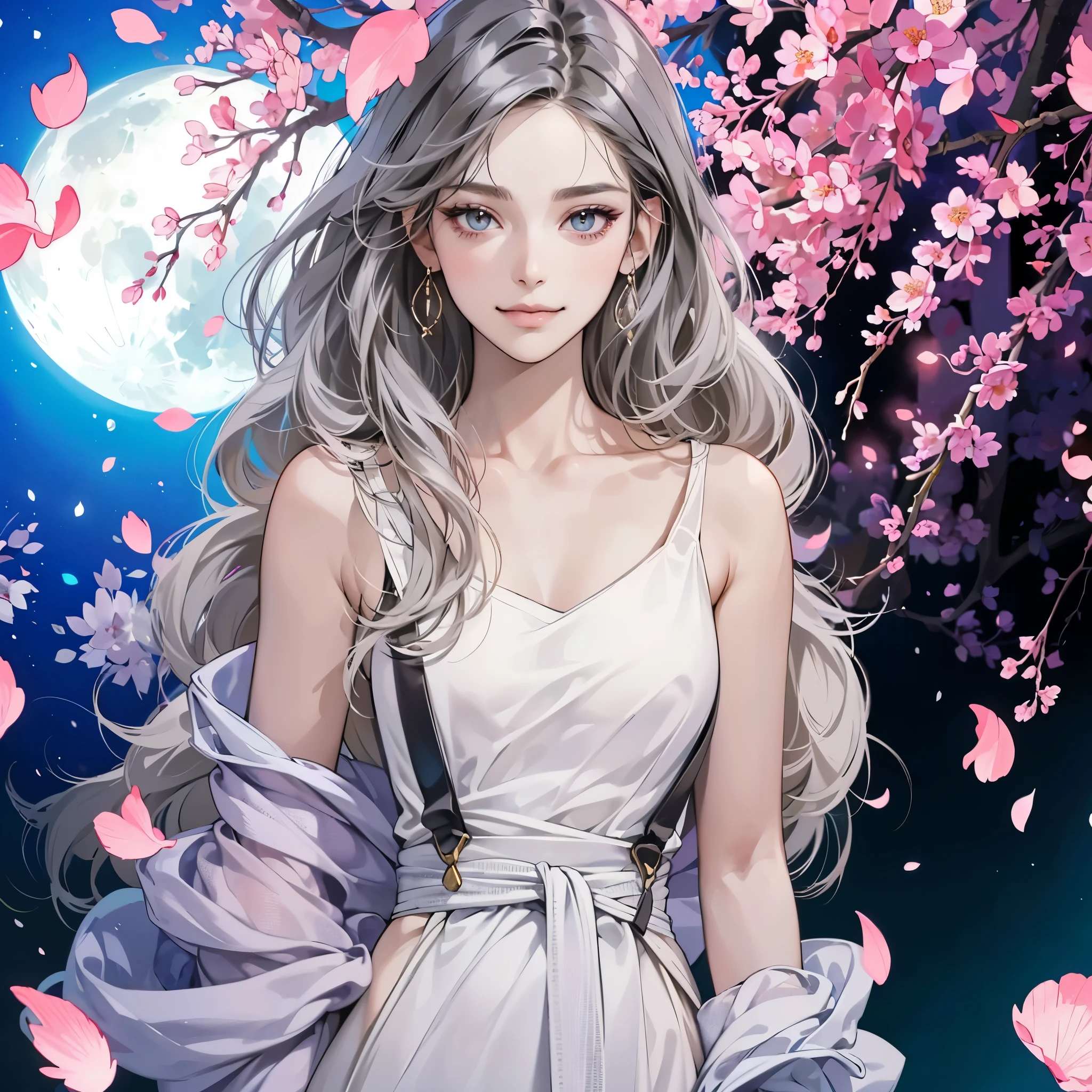 (table top, digital art, digital illustration, 4K, 8K, super detailed, beautiful images, clear image, realistic, RAW photo, perfect face, perfect lines, perfect eyes, soft lighting) ,1 female, (long black hair,parted bangs、bullish look,beautiful woman,closed mouth,smirk,Mature,(slender,),23 year old female,:1.3),The background is cherry blossoms and the moon
