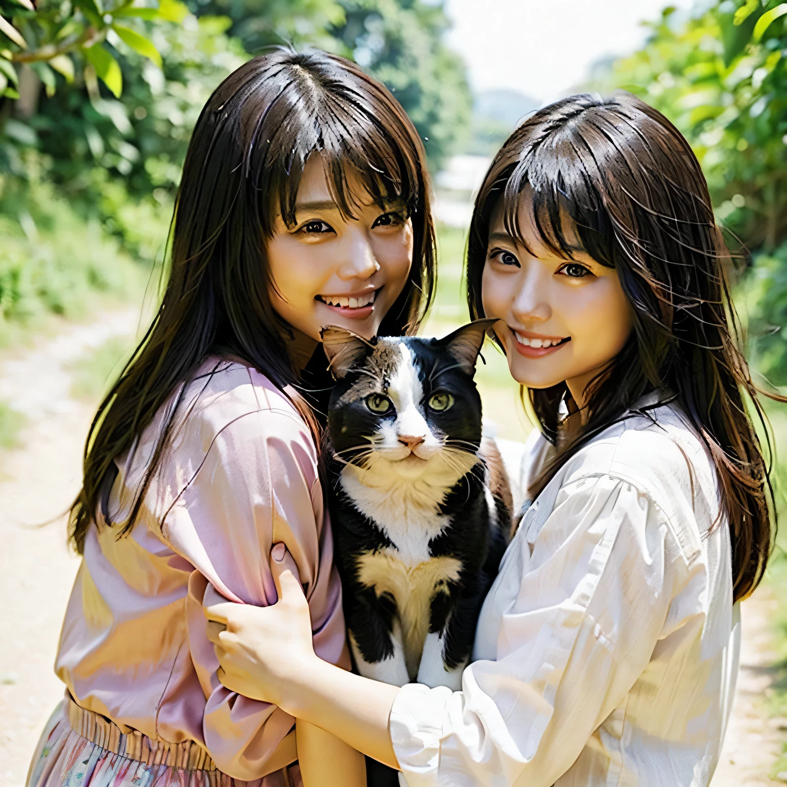 Identical twin sisters holding a cat Beautiful woman 24-years-old laughter Asian hair length