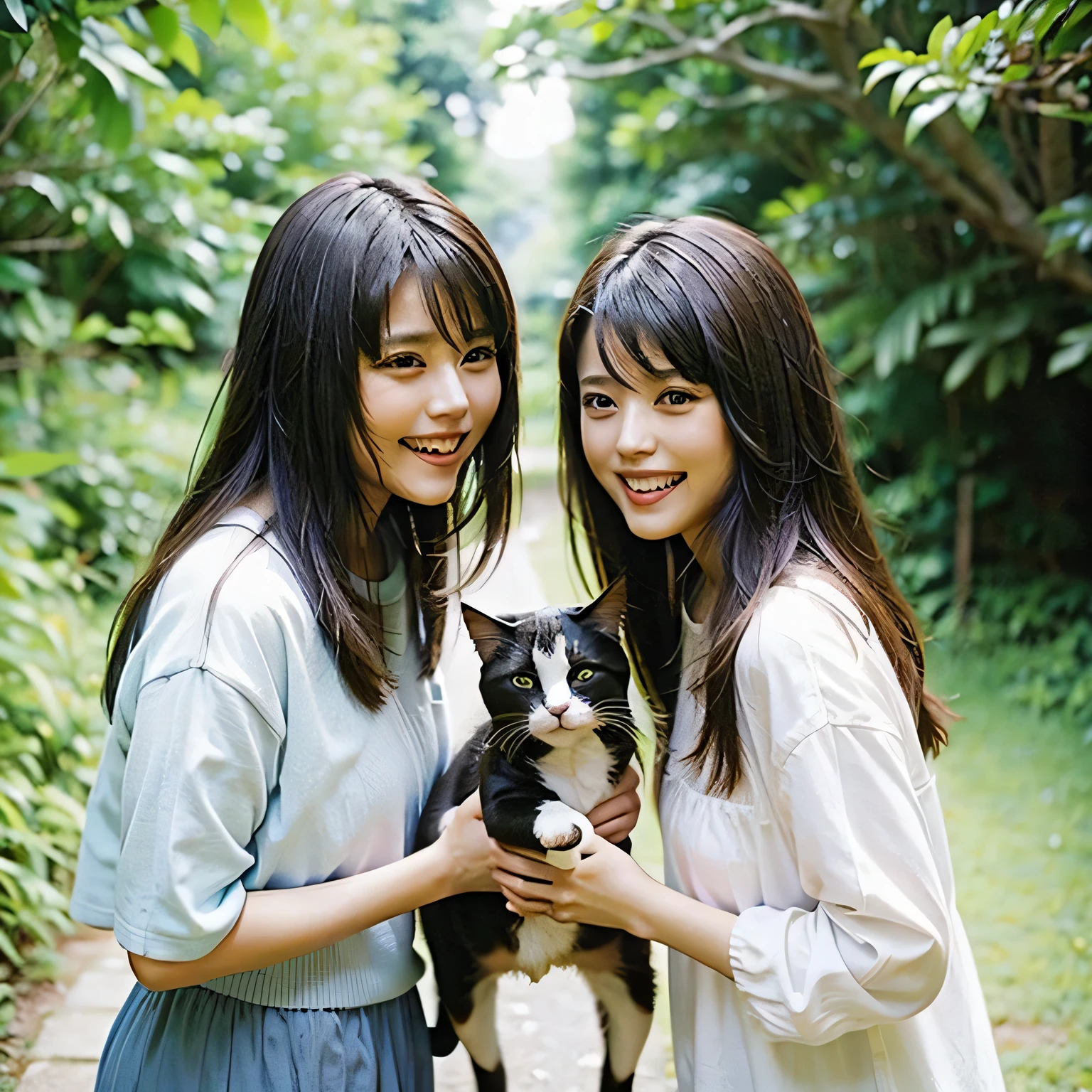 Identical twin sisters holding a cat Beautiful woman 24-years-old laughter Asian hair length